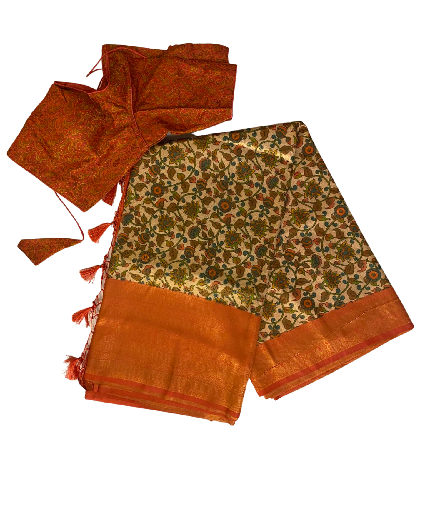 Peach and Green Kalamkari Soft Silk Saree