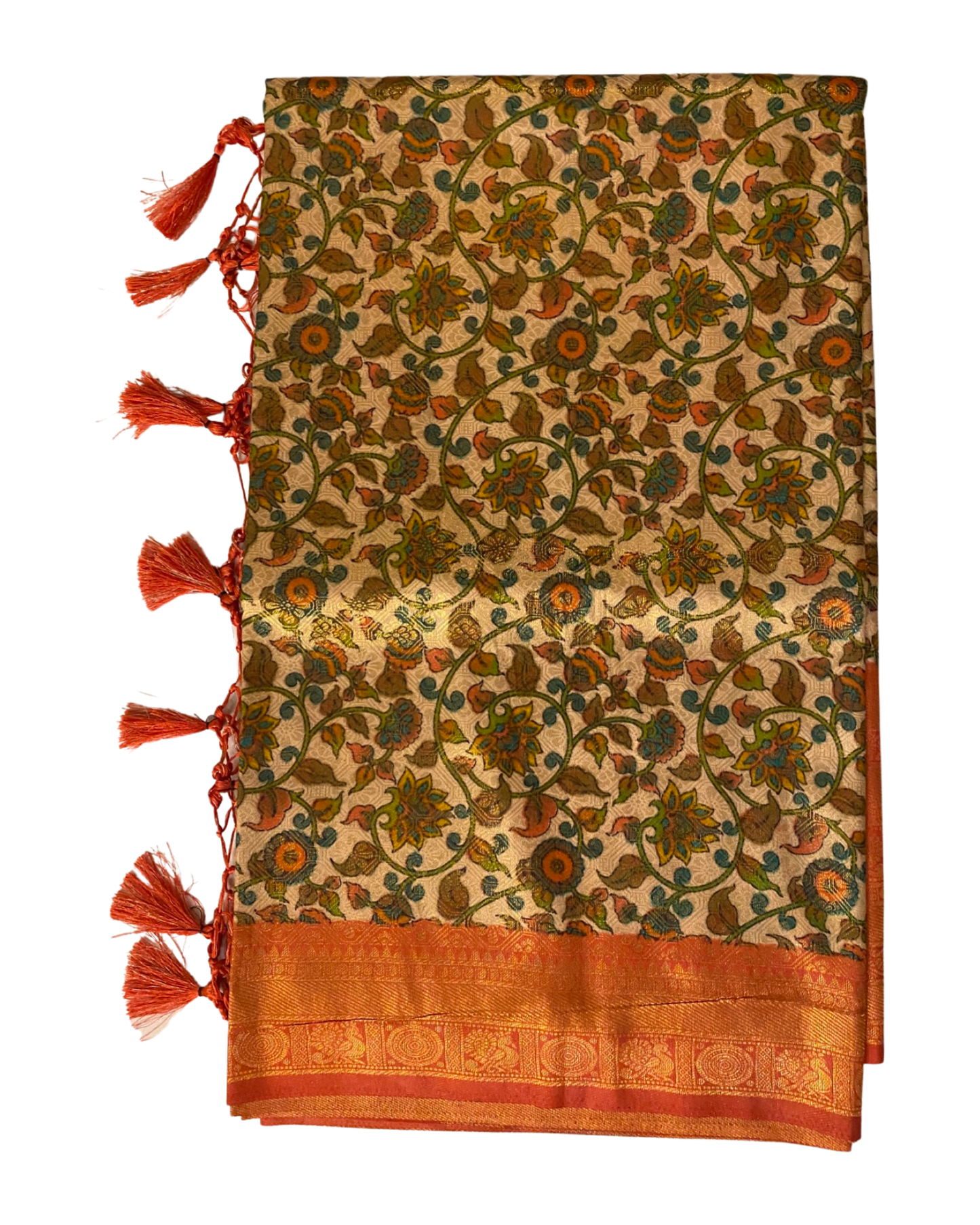 Peach and Green Kalamkari Soft Silk Saree
