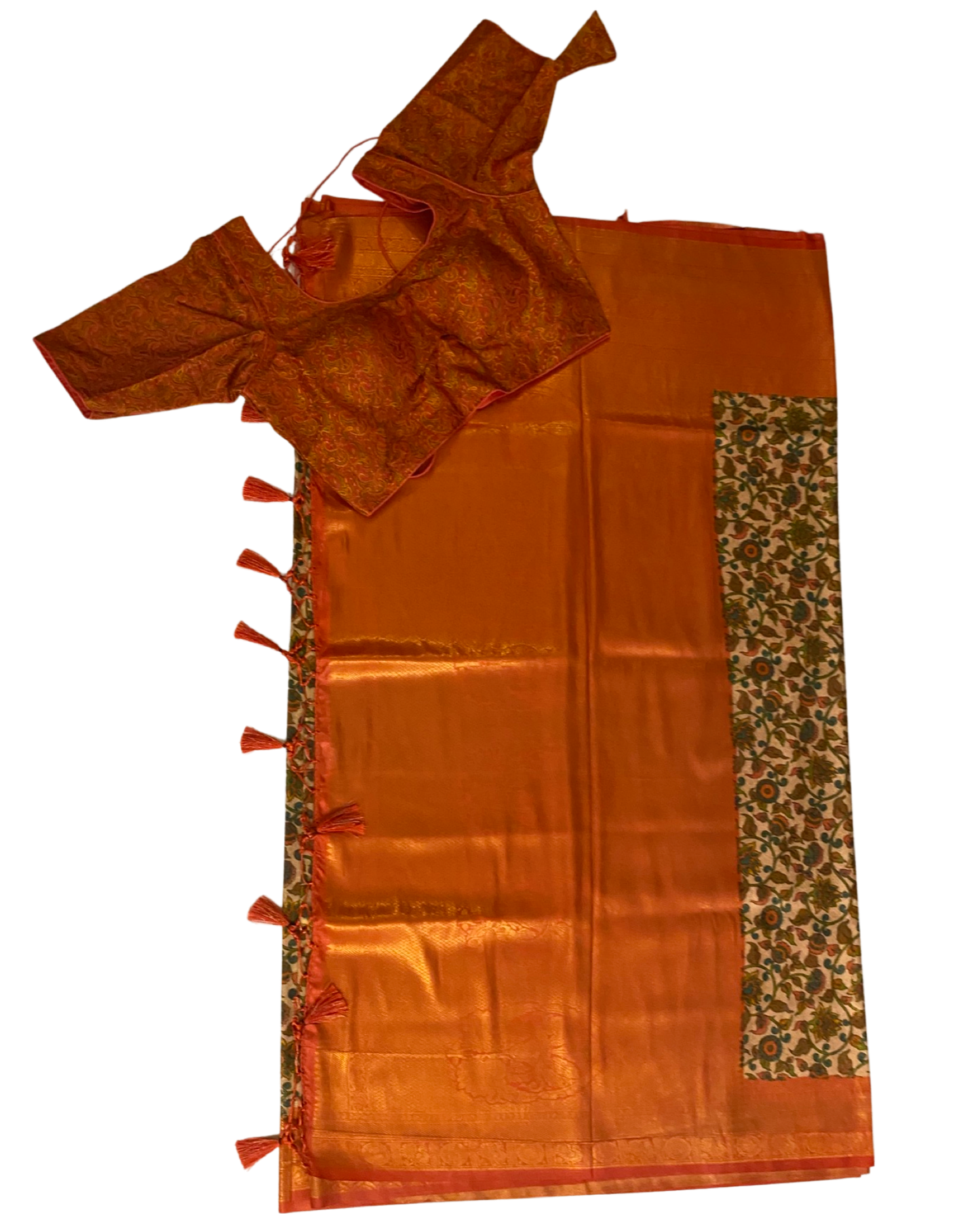 Peach and Green Kalamkari Soft Silk Saree