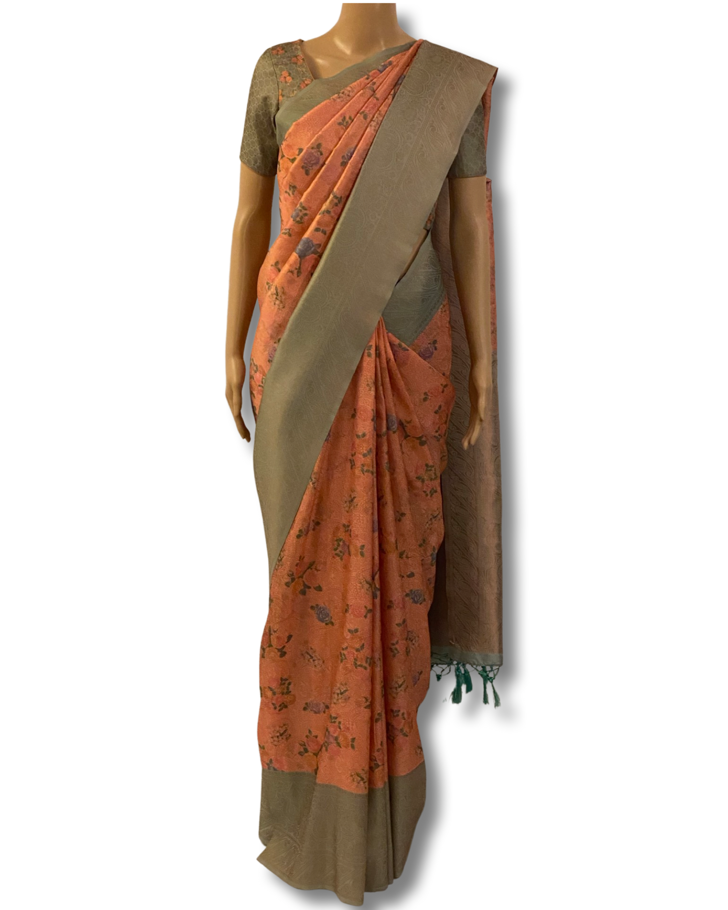 Peach and Green Soft Silk Saree