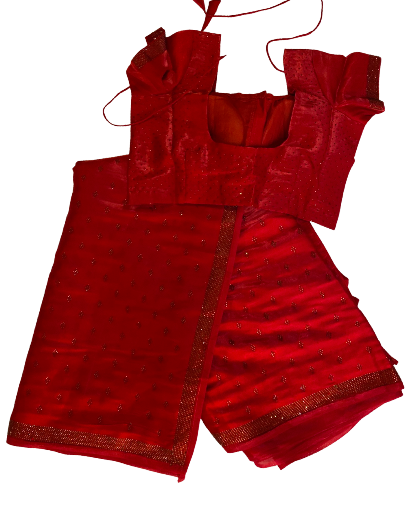 Designer Red Swarovski Satin Silk Saree (folded saree with blouse)