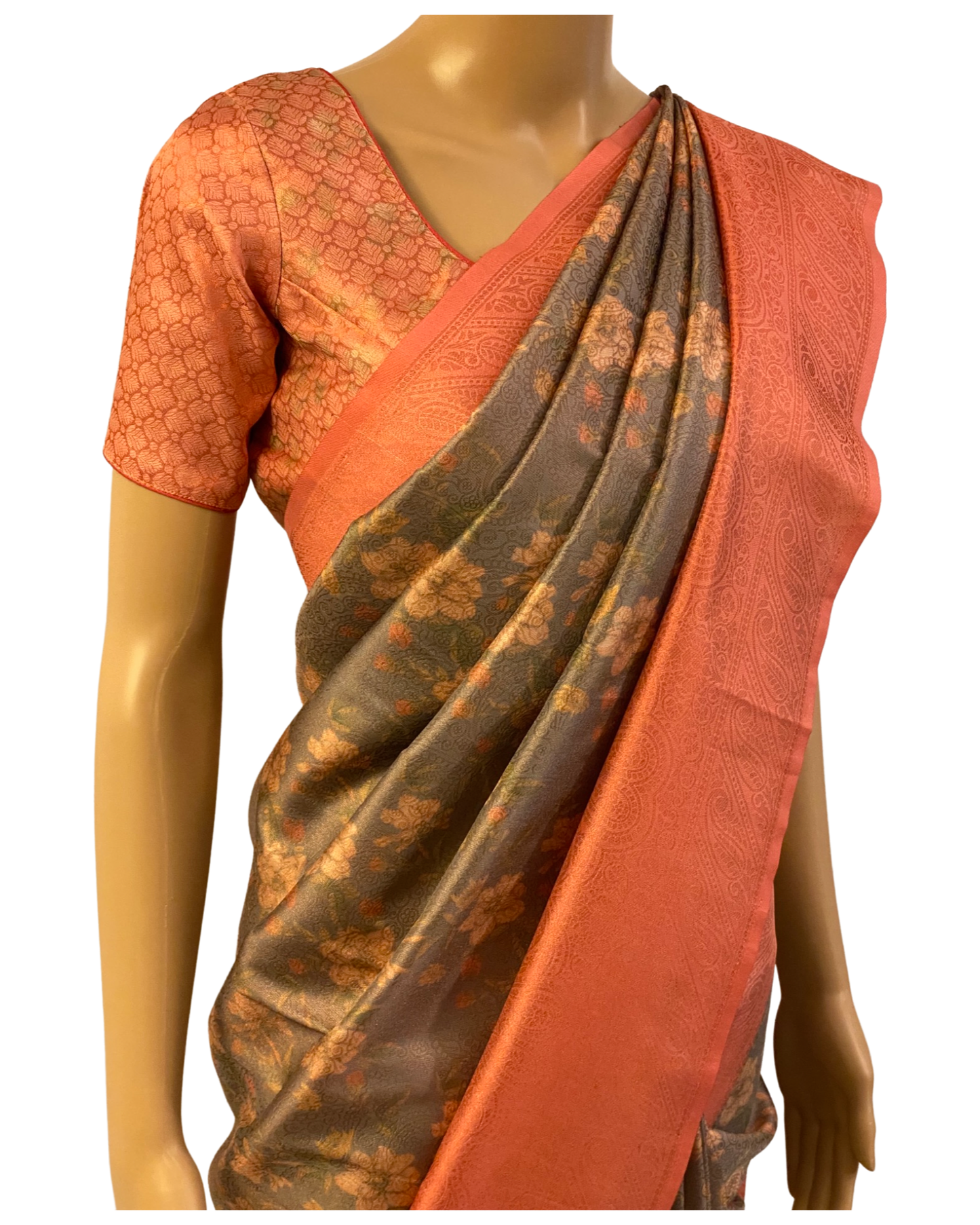 Grey and Peach Soft Silk Saree