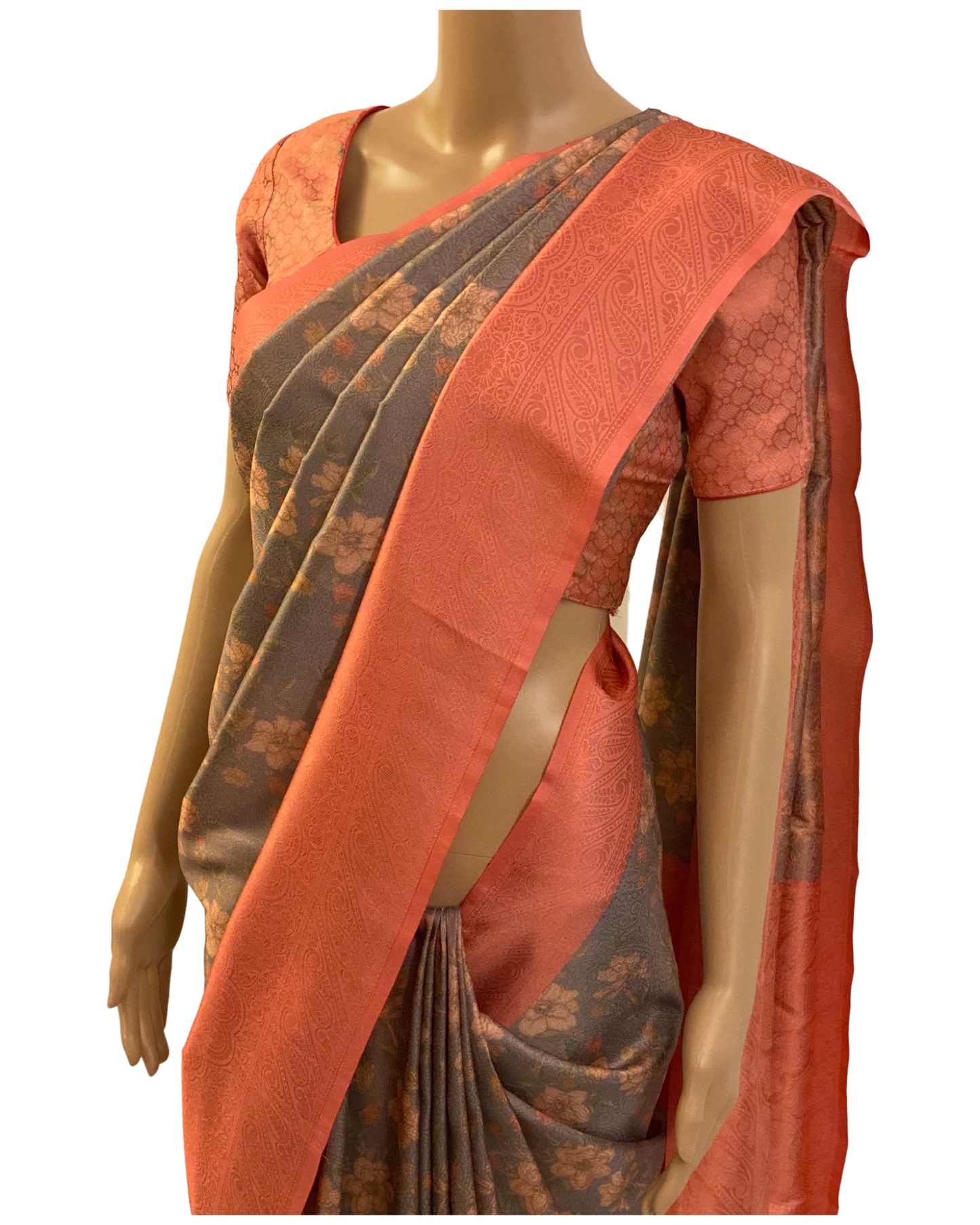 Grey and Peach Soft Silk Saree