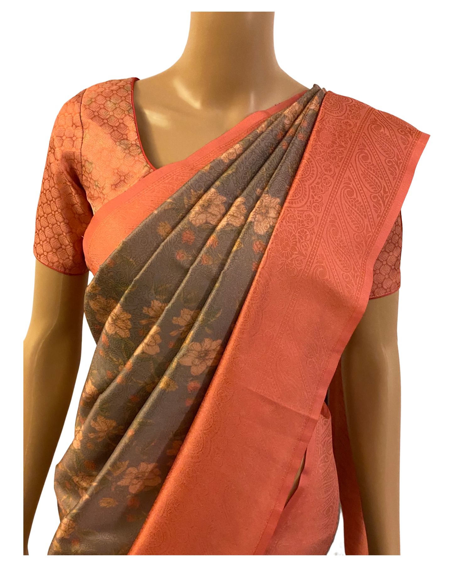 Grey and Peach Soft Silk Saree