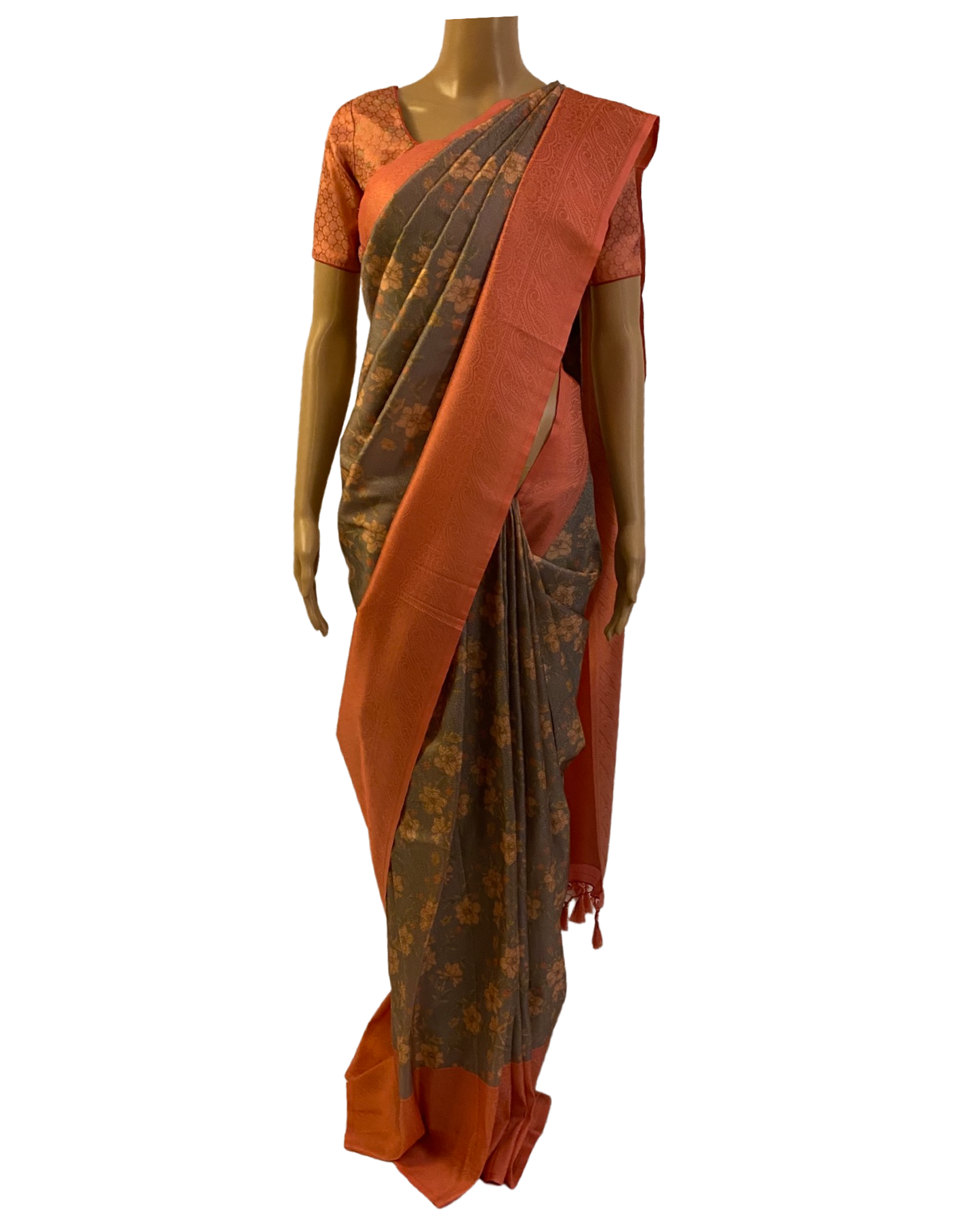 Grey and Peach Soft Silk Saree