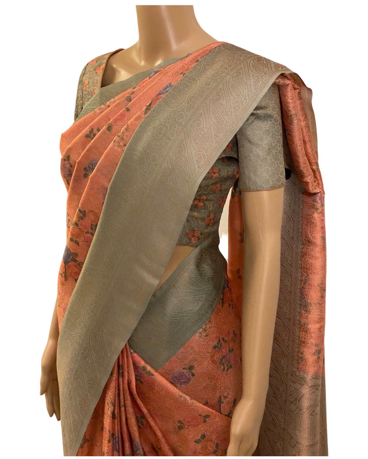 Peach and Green Soft Silk Saree