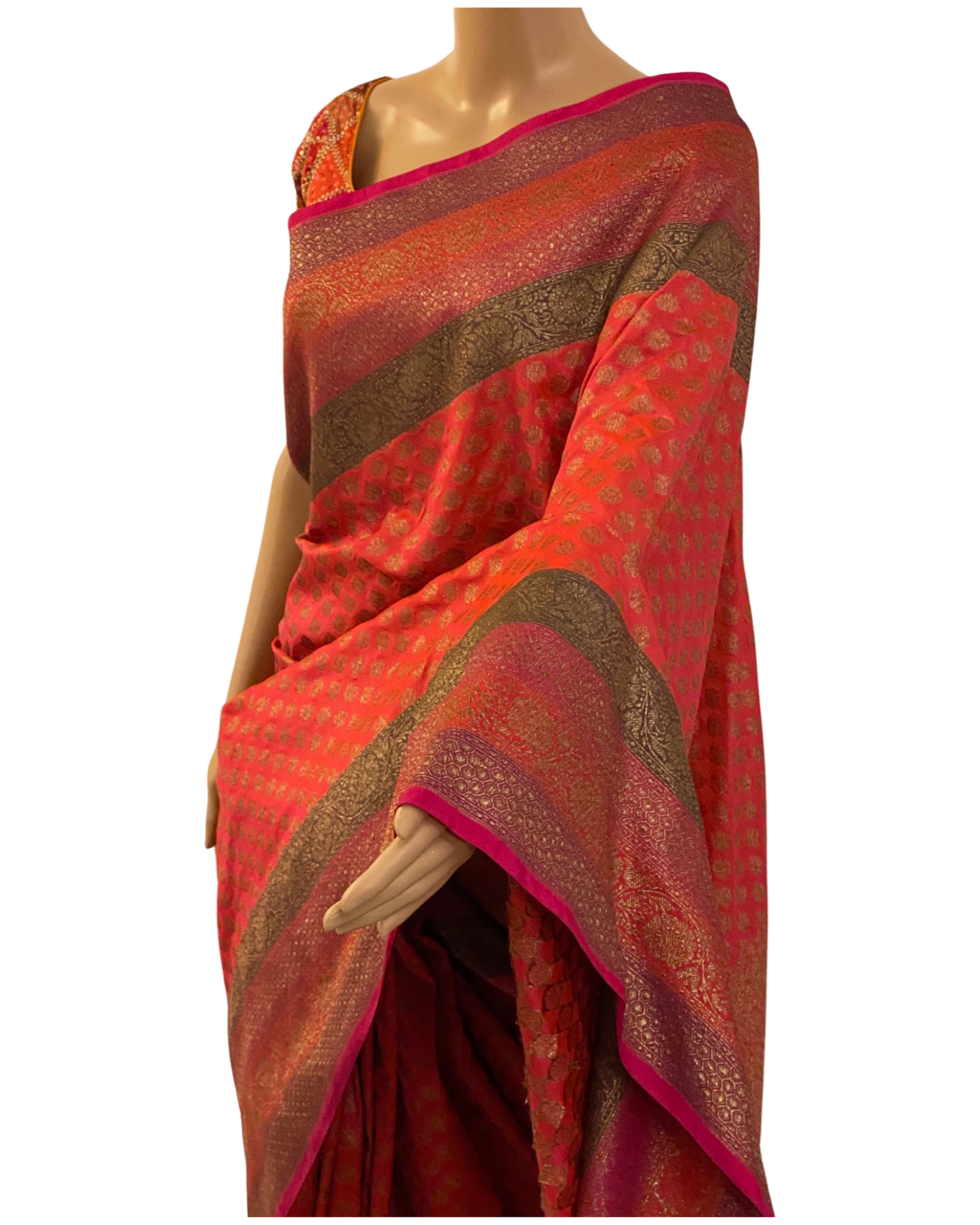 Orange and Pink Handloom Kaddi Banarasi Silk Saree With Designer Blouse