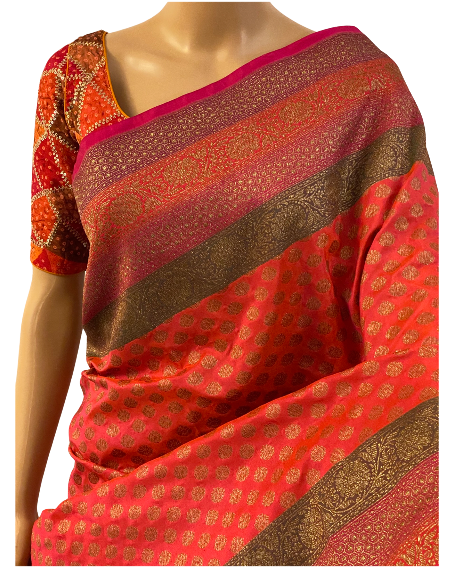 Orange and Pink Handloom Kaddi Banarasi Silk Saree With Designer Blouse