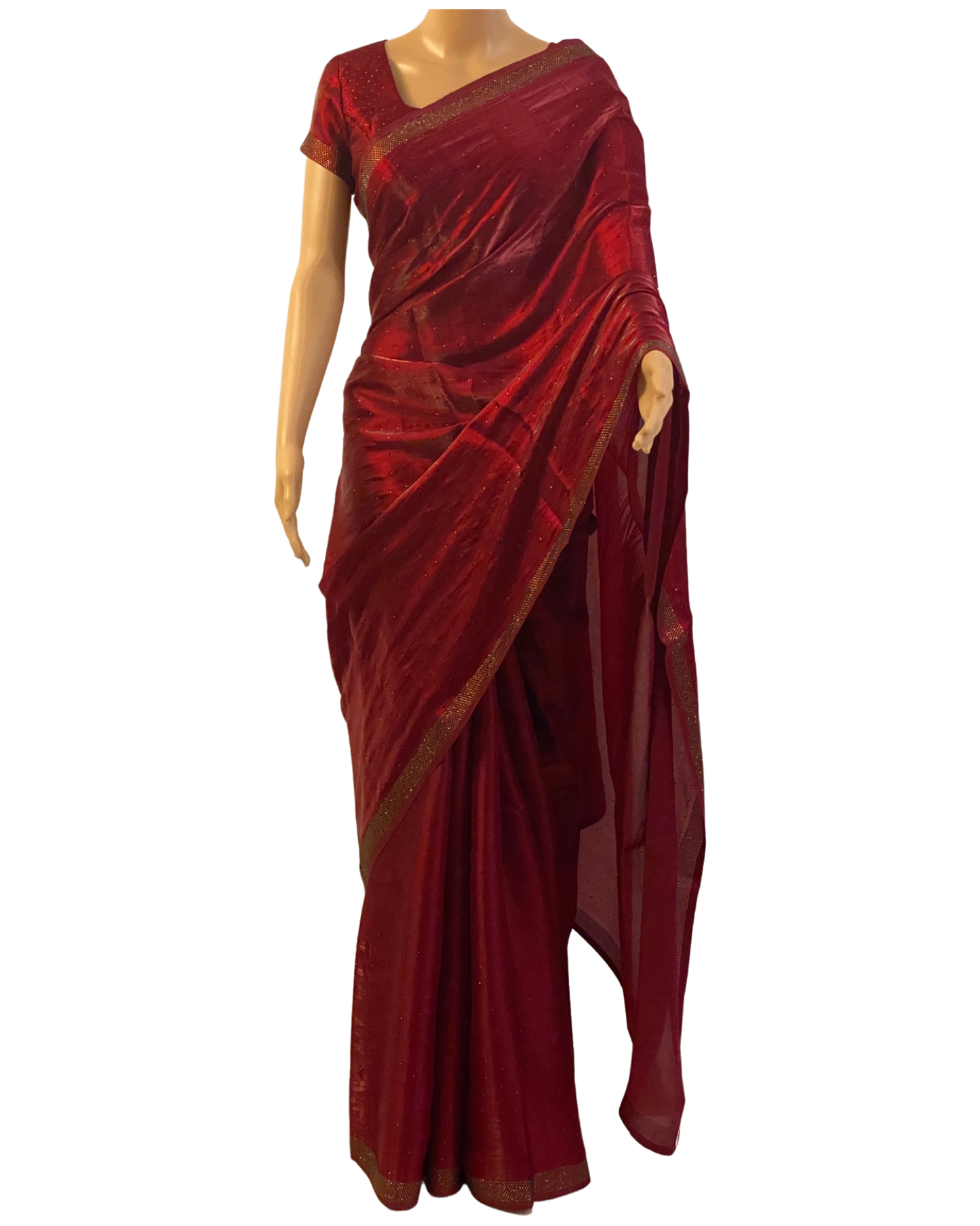 Designer Maroon Swarovski Satin Silk Saree (full view)