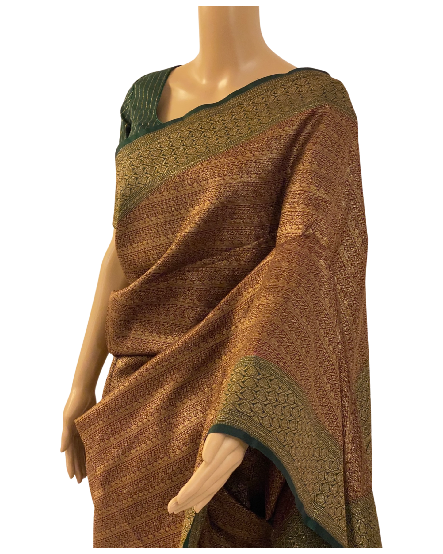 Maroon with Green Handloom Katan Banarasi Chanderi Silk Saree