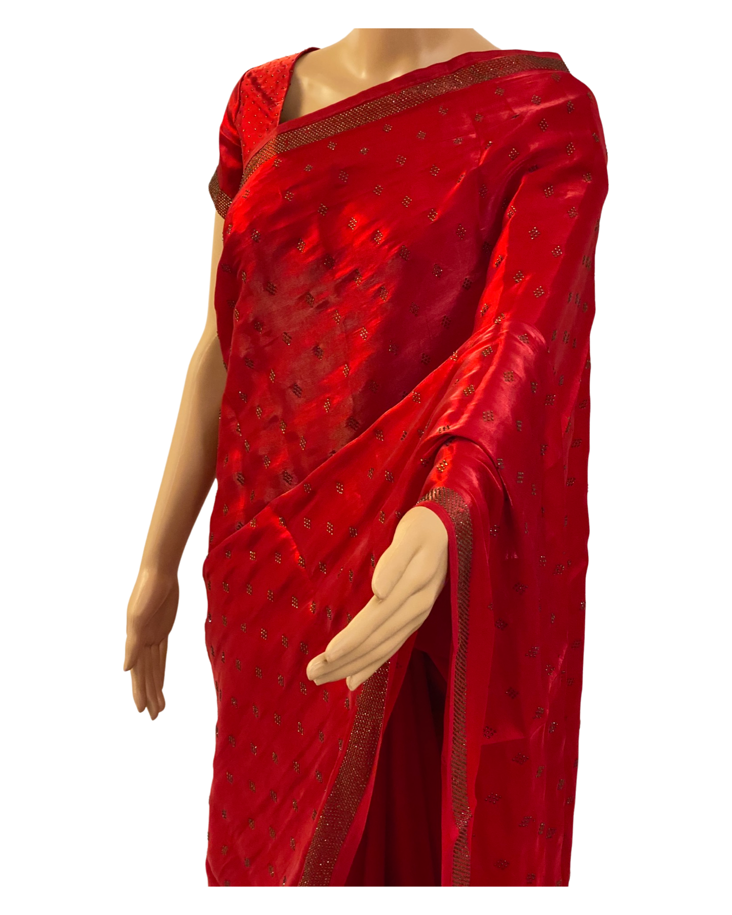 Designer Red Swarovski Satin Silk Saree (right view)