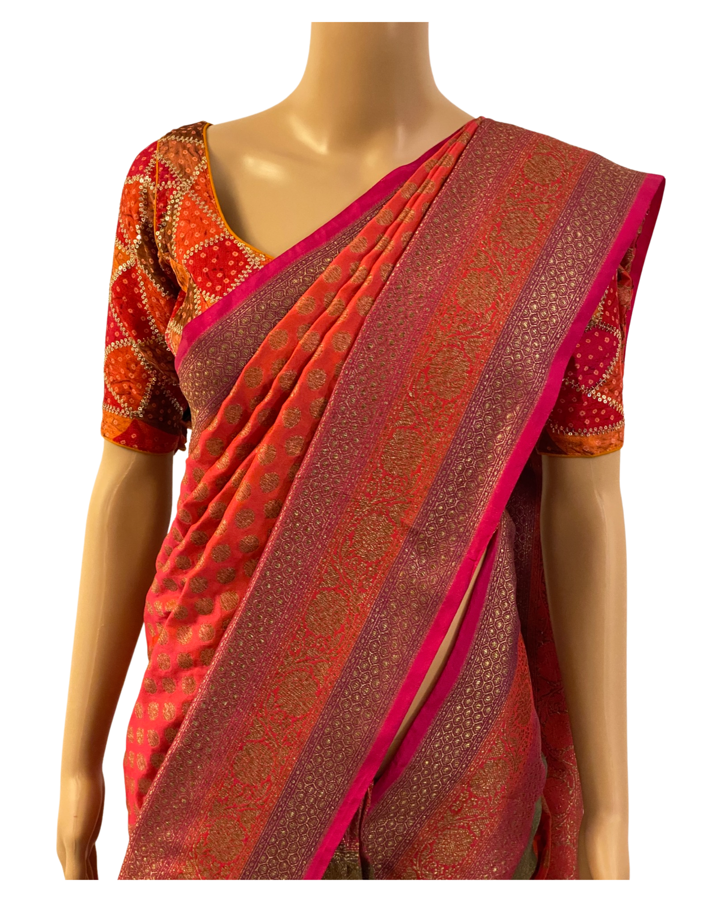 Orange and Pink Handloom Kaddi Banarasi Silk Saree With Designer Blouse