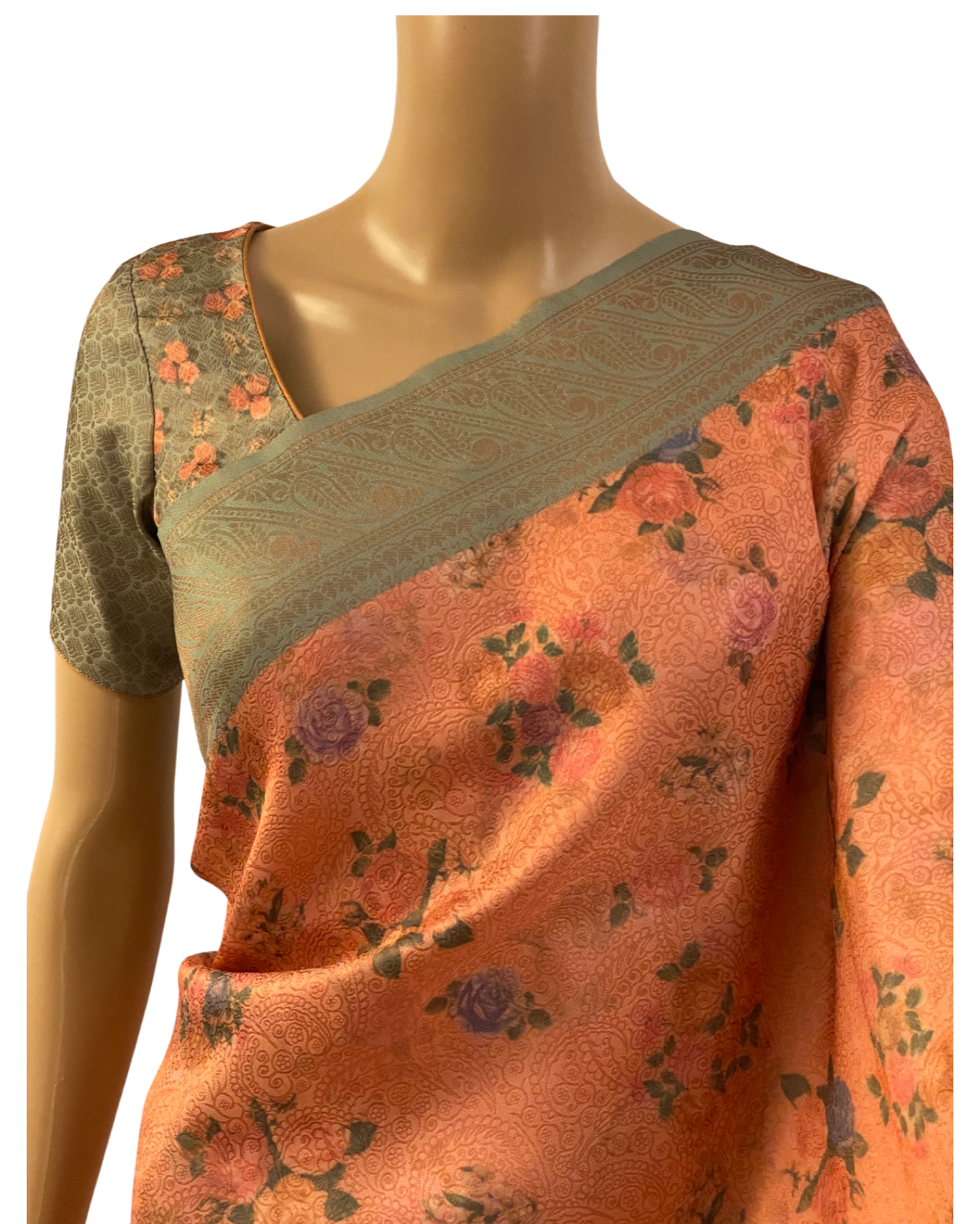 Peach and Green Soft Silk Saree