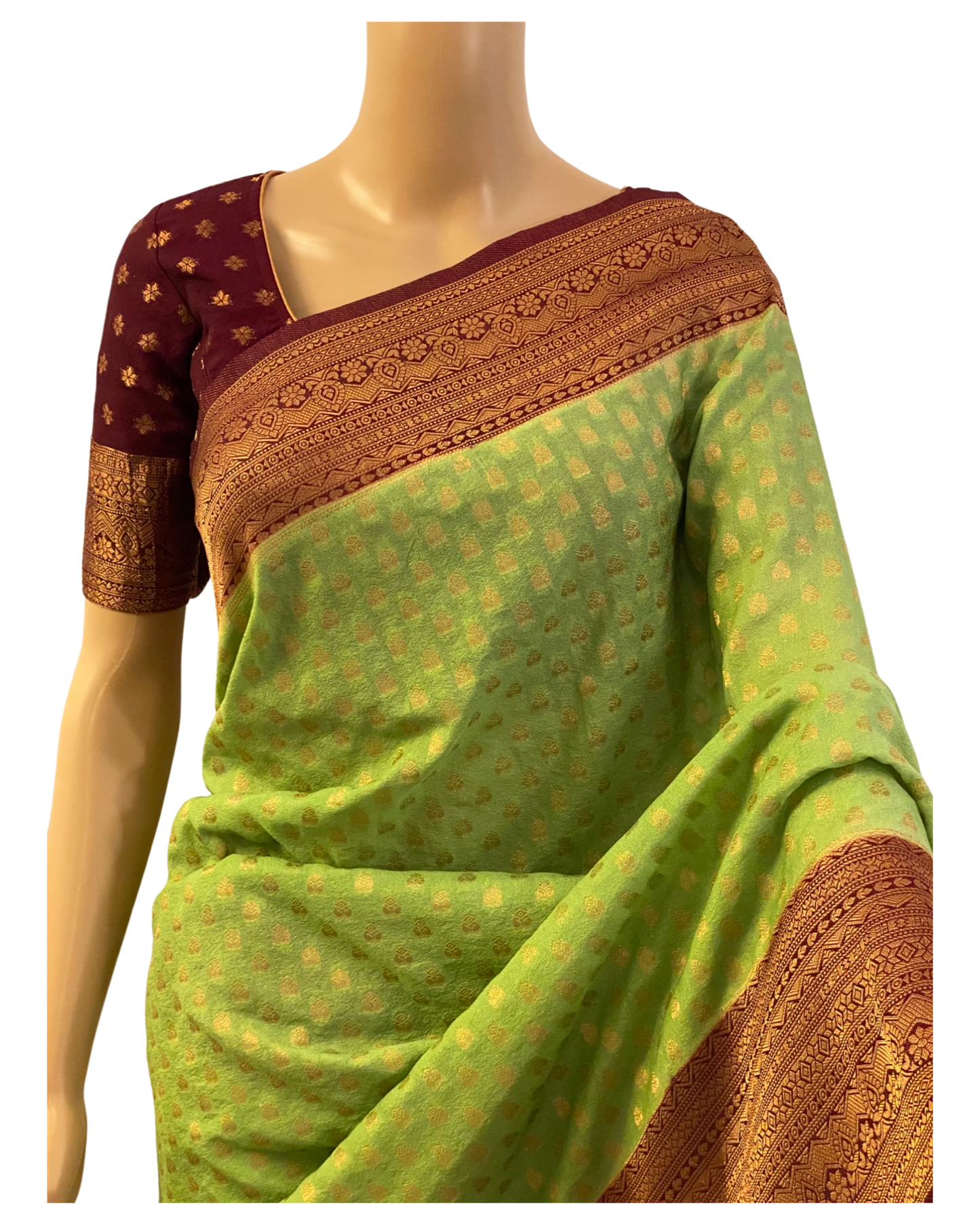 Pista Green and Maroon Banarasi Georgette Saree