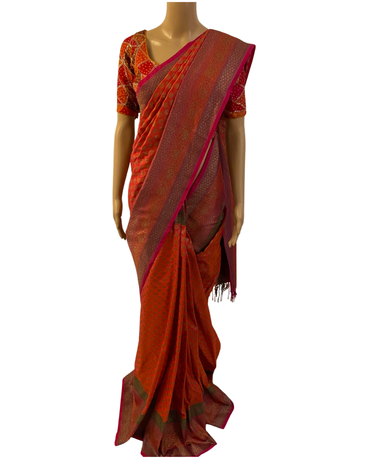 Orange and Pink Handloom Kaddi Banarasi Silk Saree With Designer Blouse