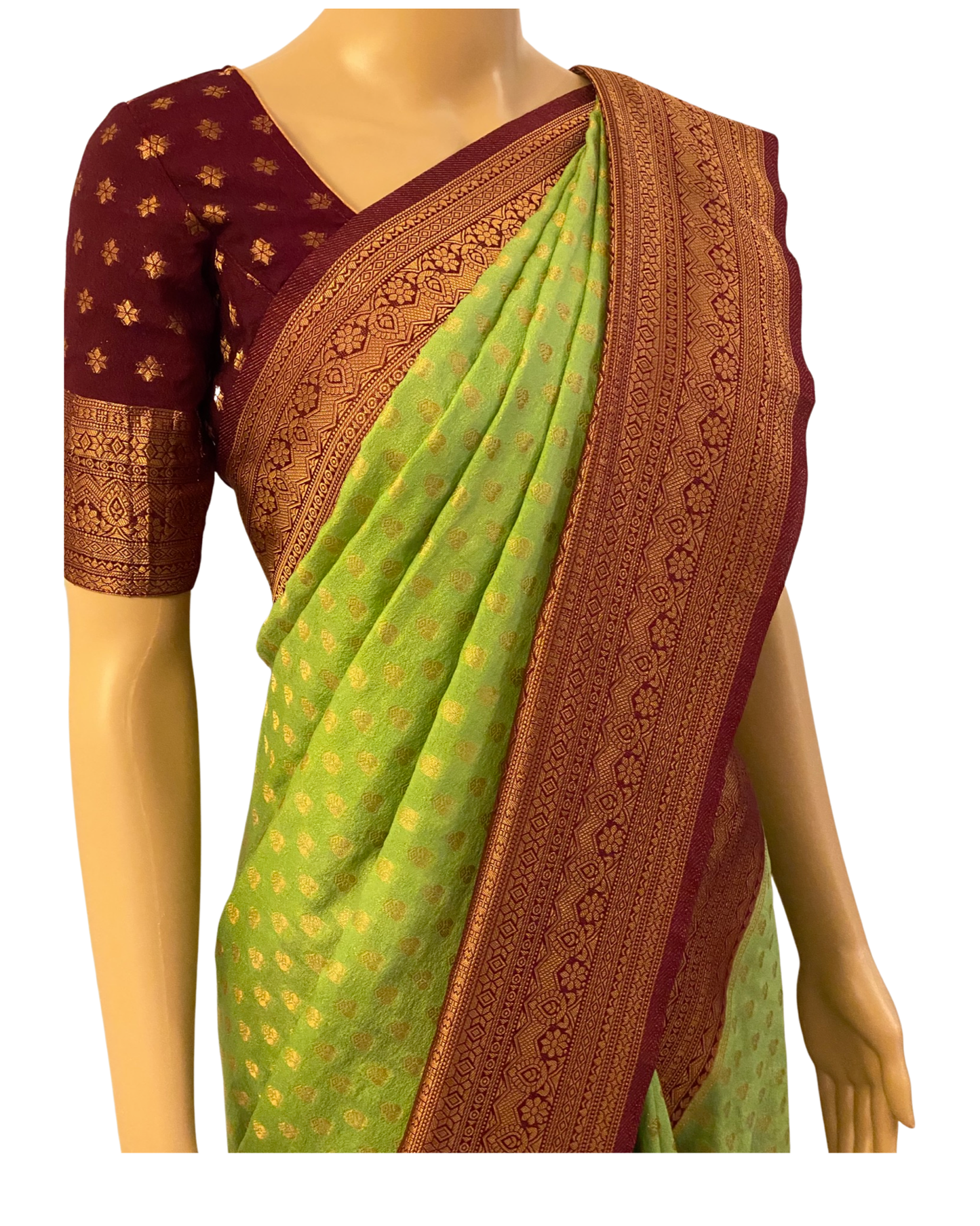 Pista Green and Maroon Banarasi Georgette Saree