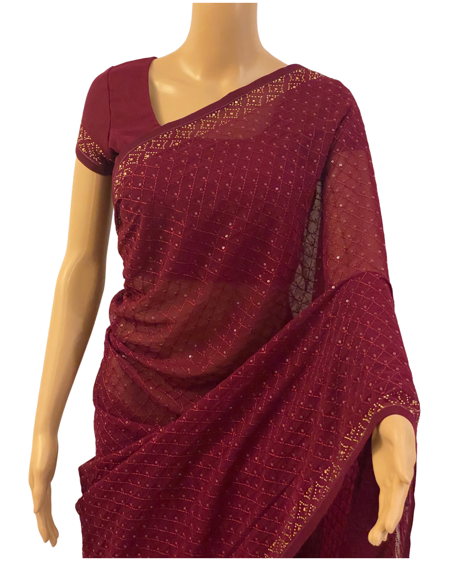 Designer Wine Chiffon Georgette Saree (close up)