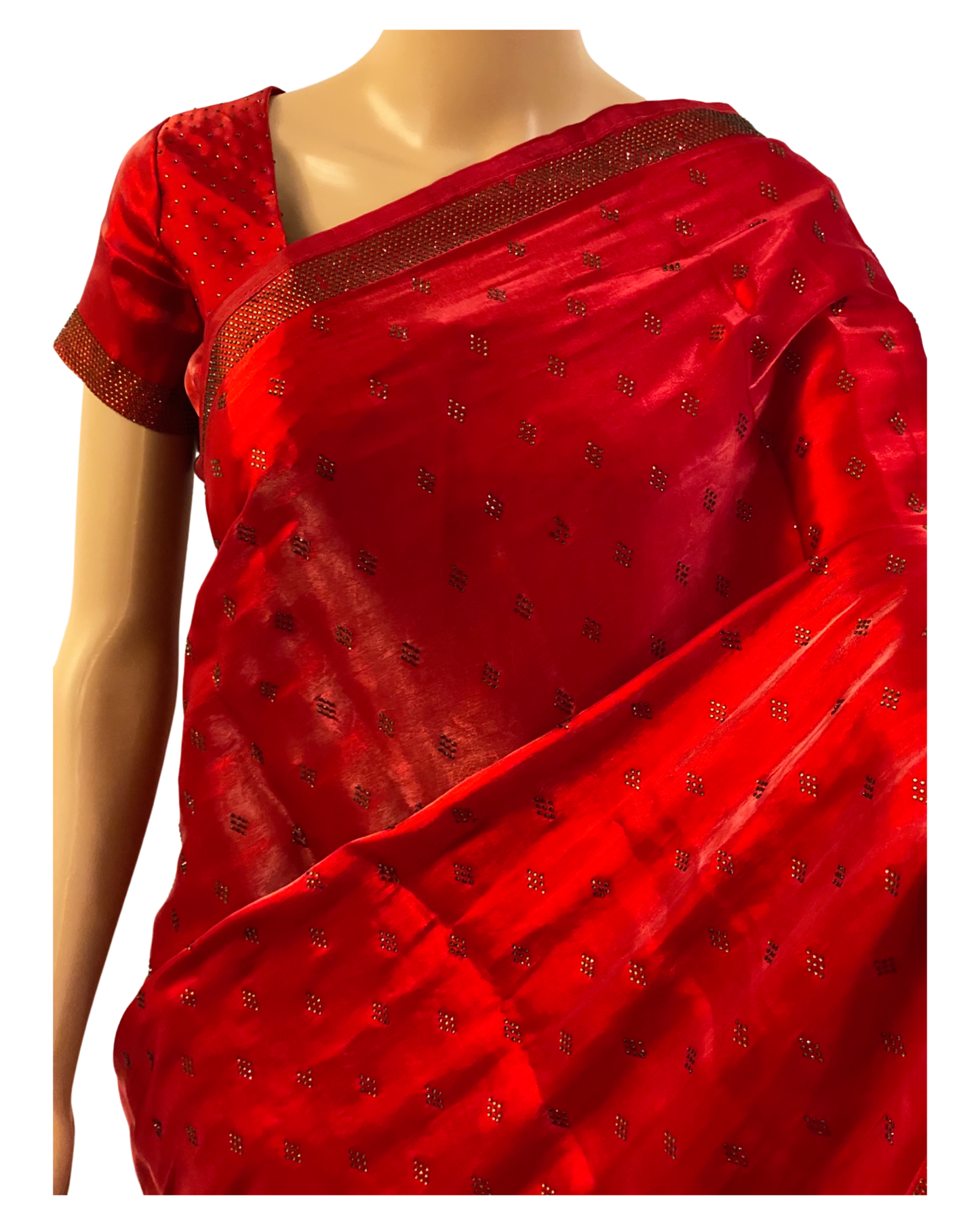 Designer Red Swarovski Satin Silk Saree (close up)