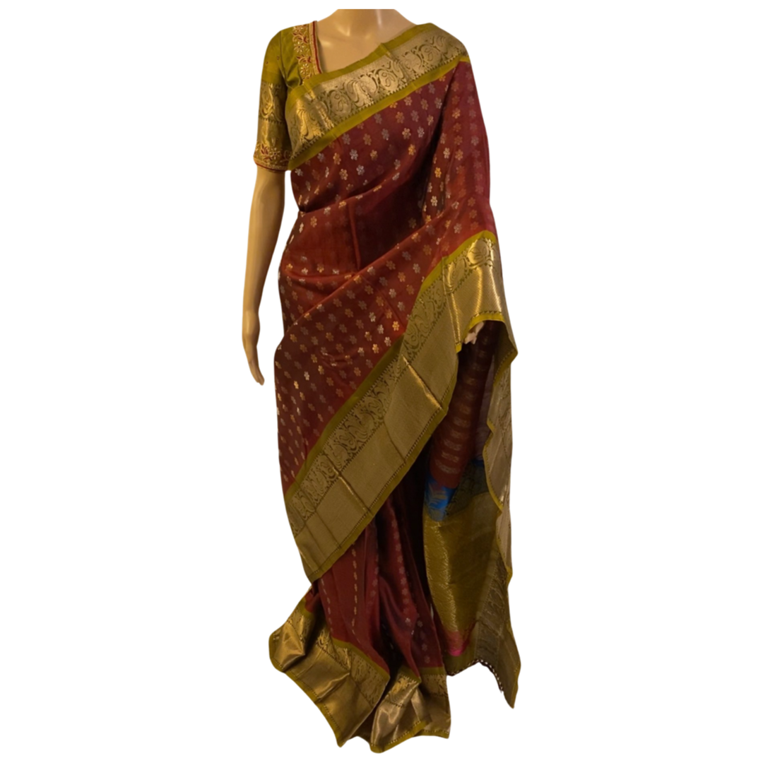 Maroon and Green Pure Handloom Kanchipuram Silk Saree