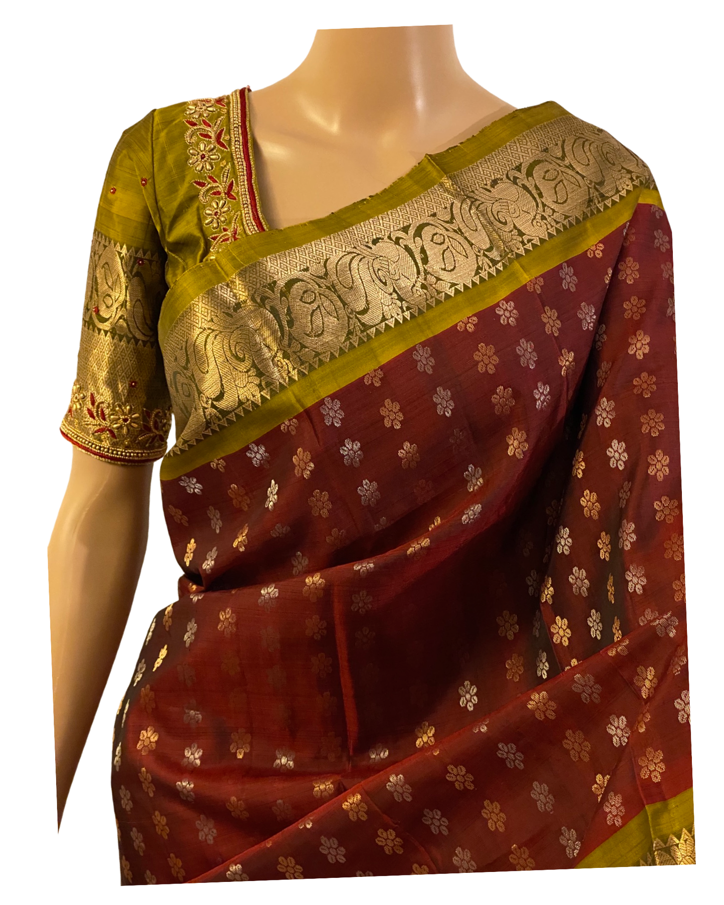 Maroon and Green Pure Handloom Kanchipuram Silk Saree