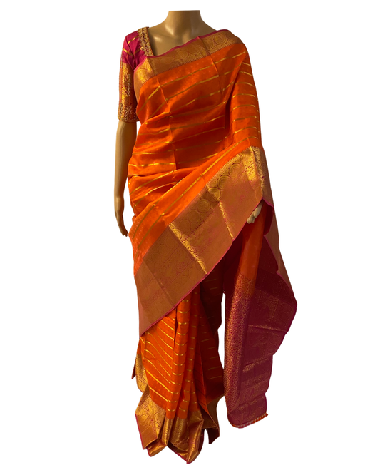 Orange and Pink Kanchipuram Handloom Silk Saree