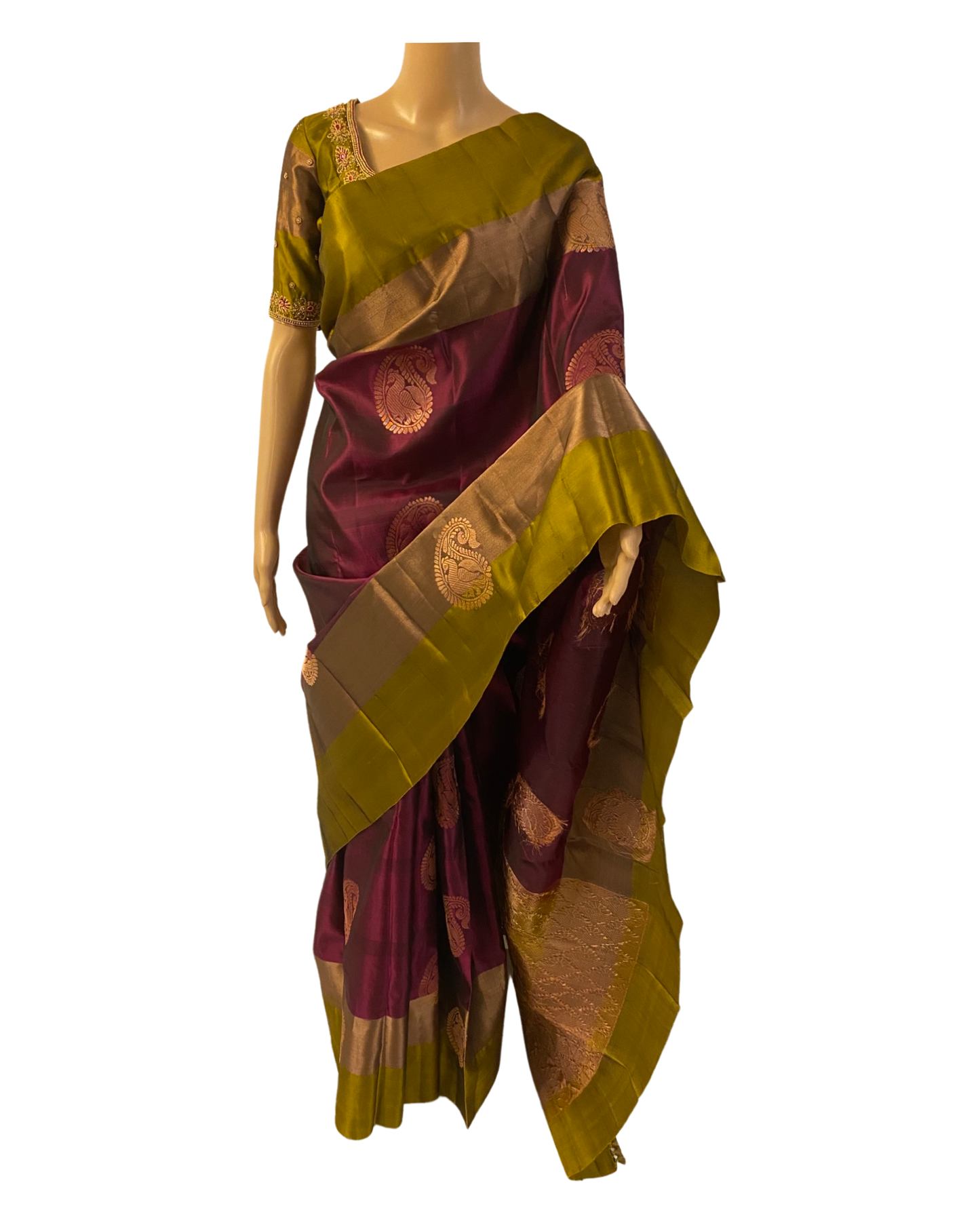 Wine and Green Kanchipuram Silk Saree