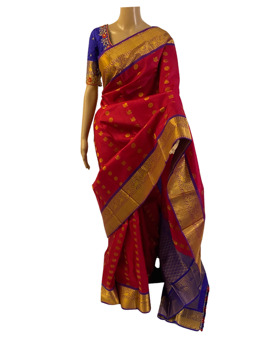 Red and Violet Handloom Kanchipuram Saree