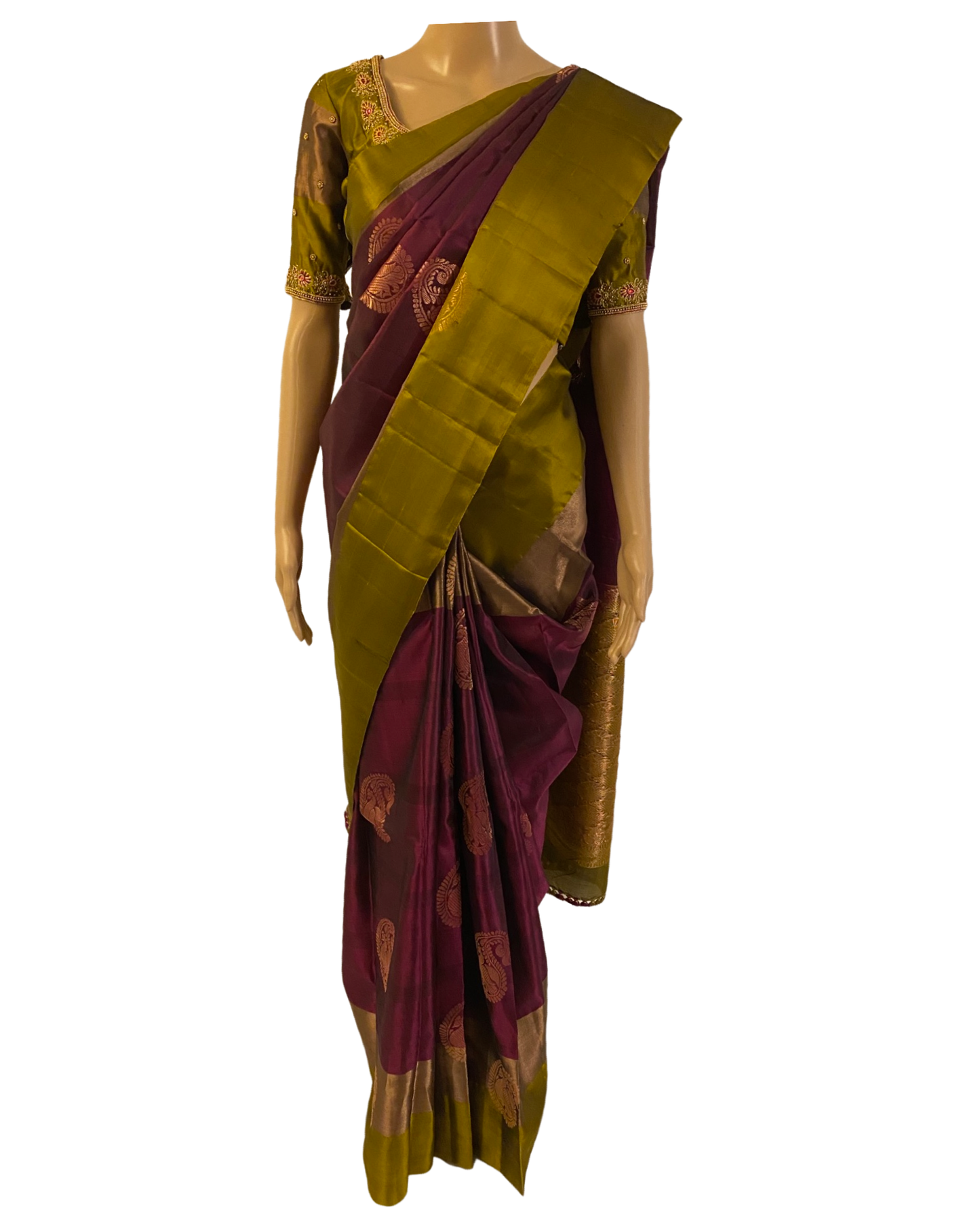 Wine and Green Kanchipuram Silk Saree