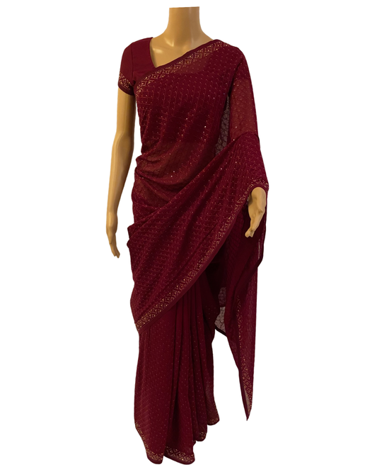 Designer Wine Chiffon Georgette Saree (full view)