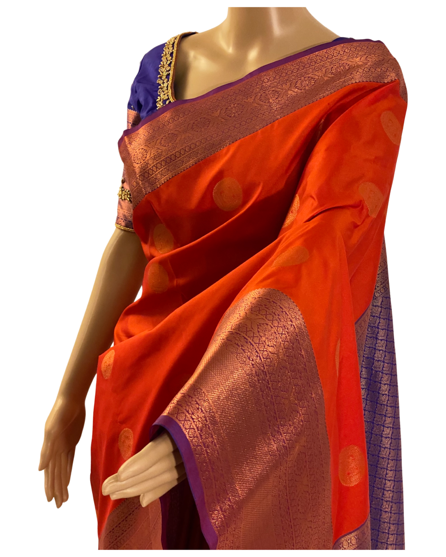 Brick Red and Blue Kanchipuram Silk Saree