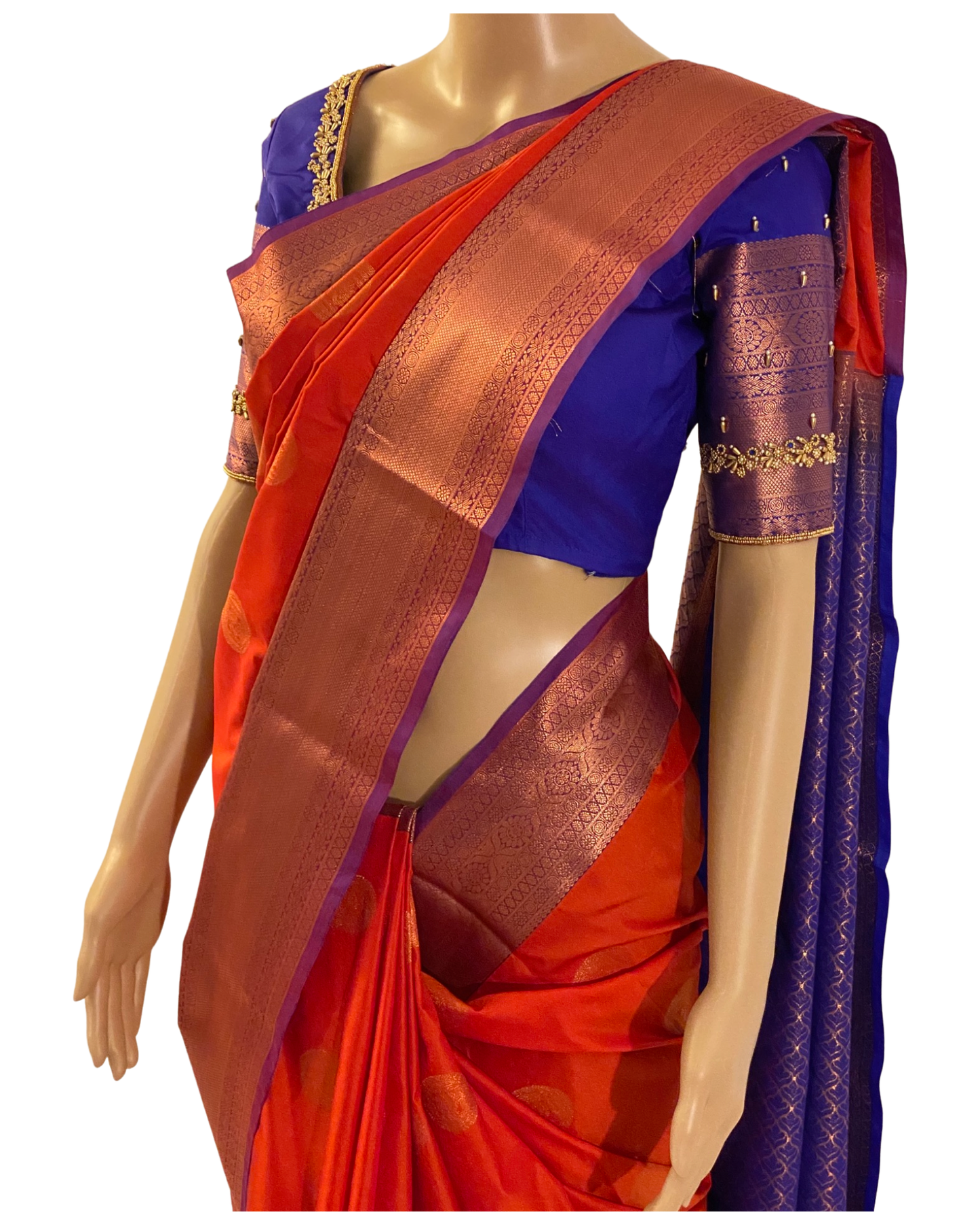 Brick Red and Blue Kanchipuram Silk Saree