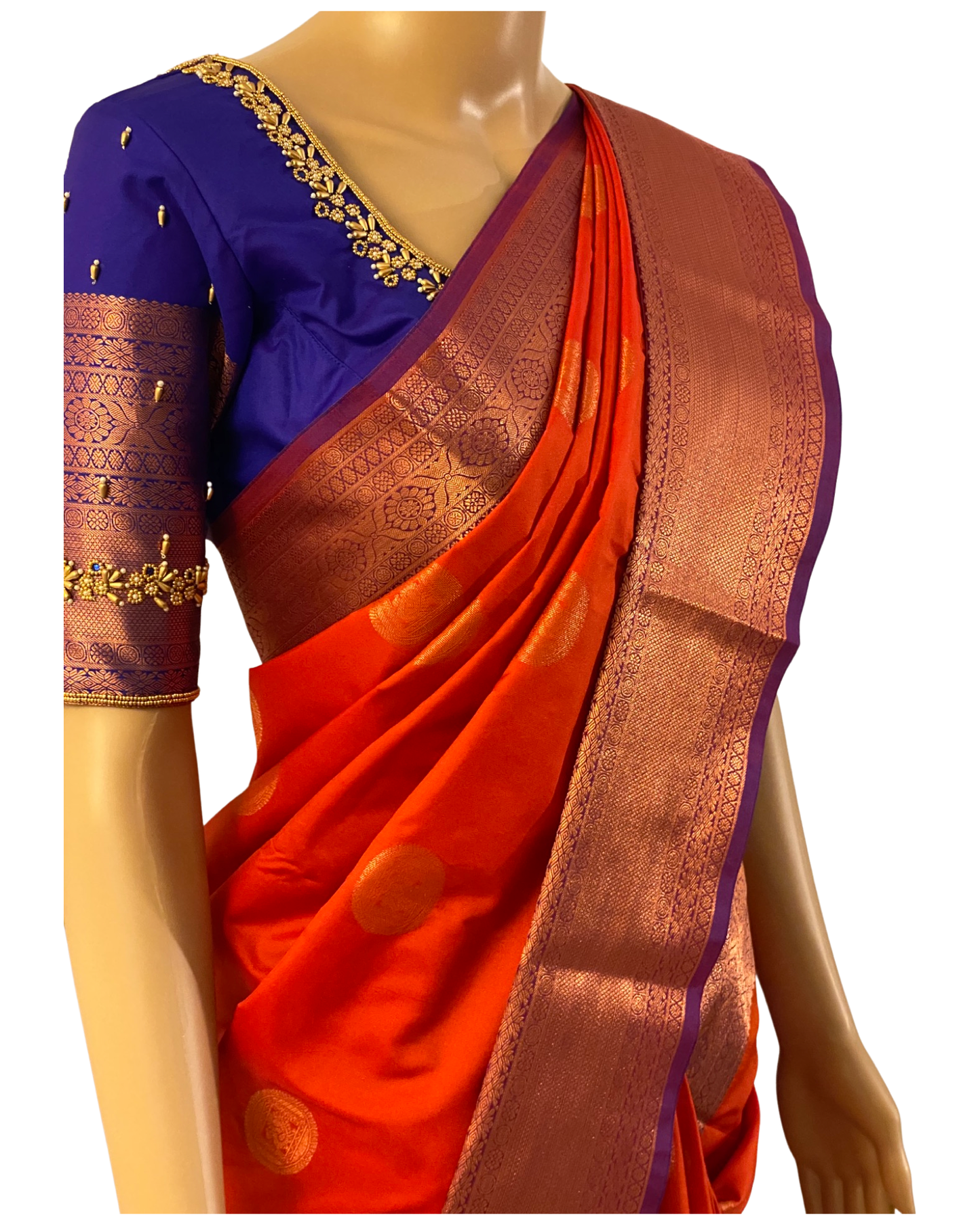 Brick Red and Blue Kanchipuram Silk Saree