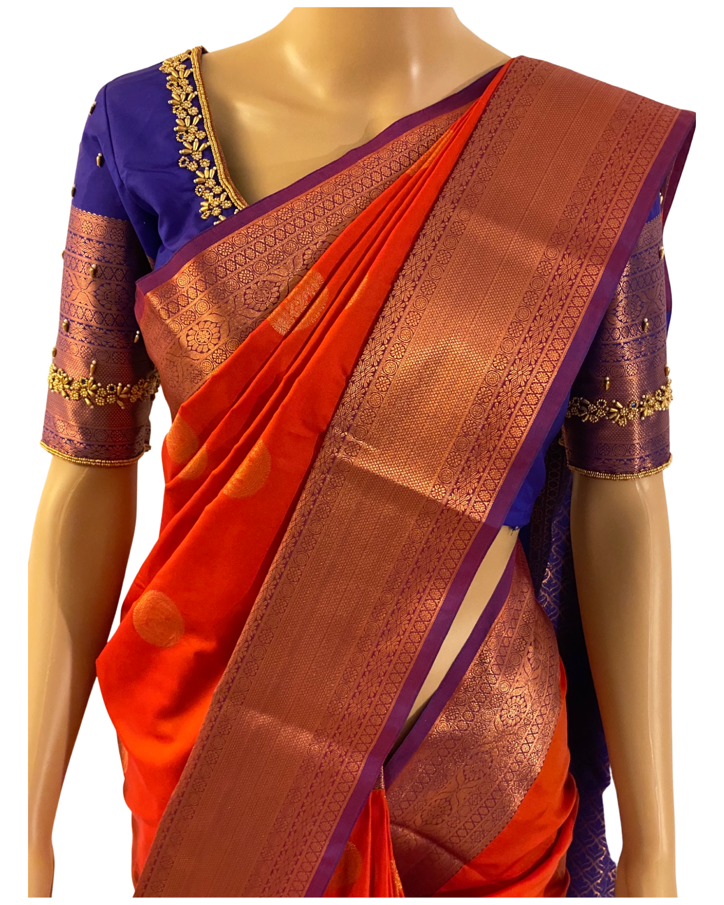 Brick Red and Blue Kanchipuram Silk Saree