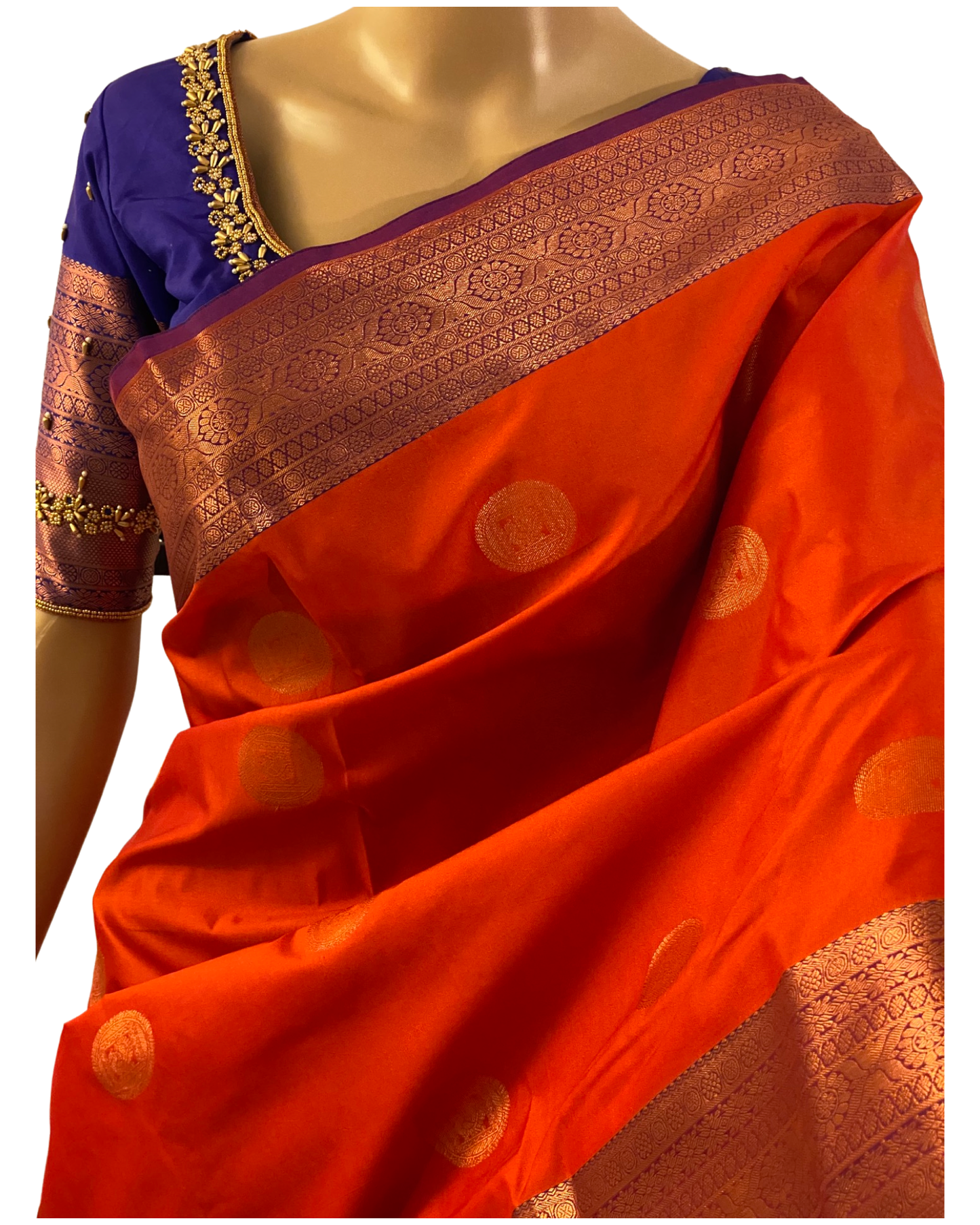 Brick Red and Blue Kanchipuram Silk Saree