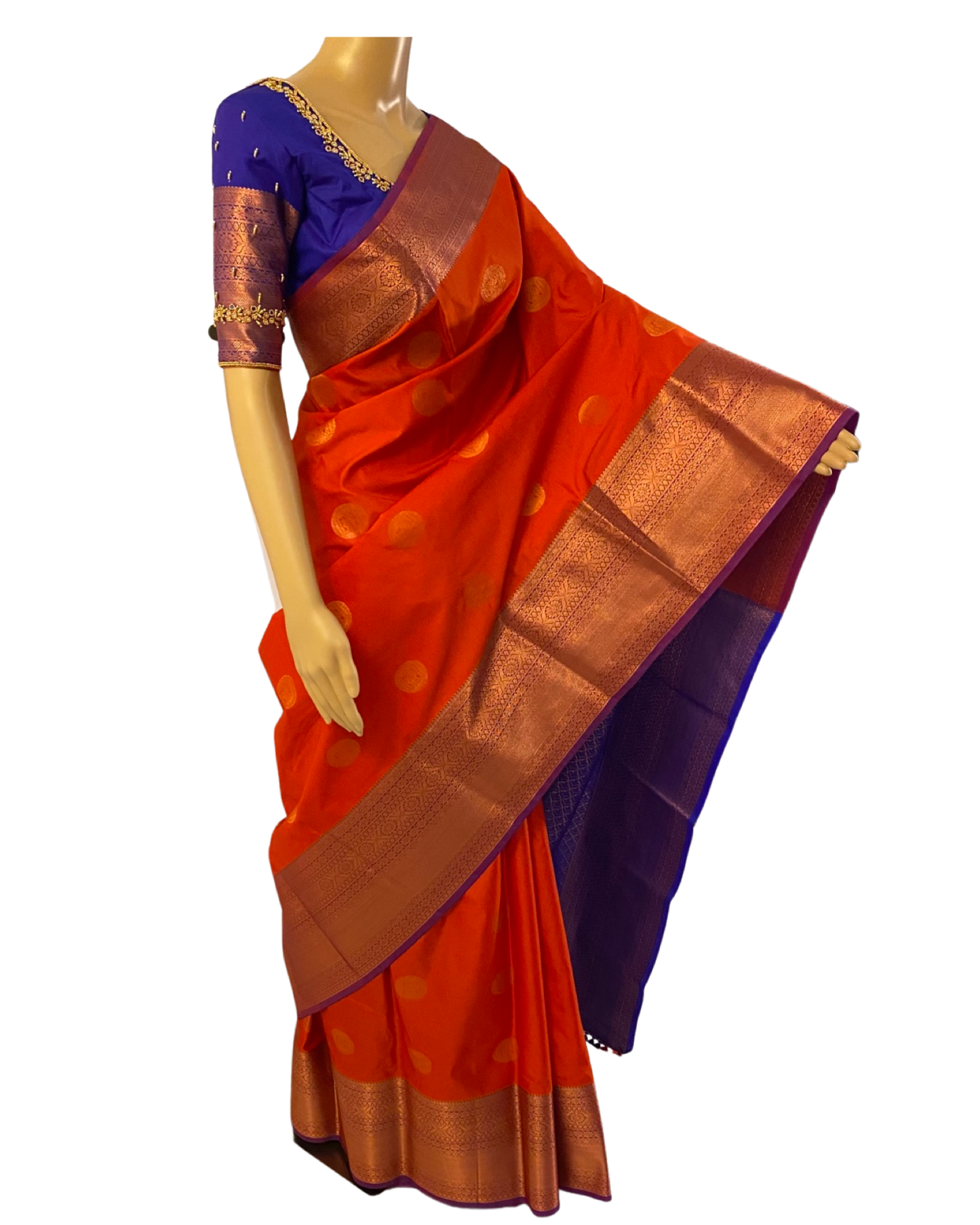 Brick Red and Blue Kanchipuram Silk Saree