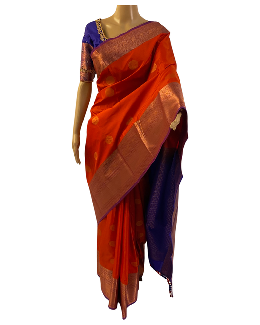Brick Red and Blue Kanchipuram Silk Saree