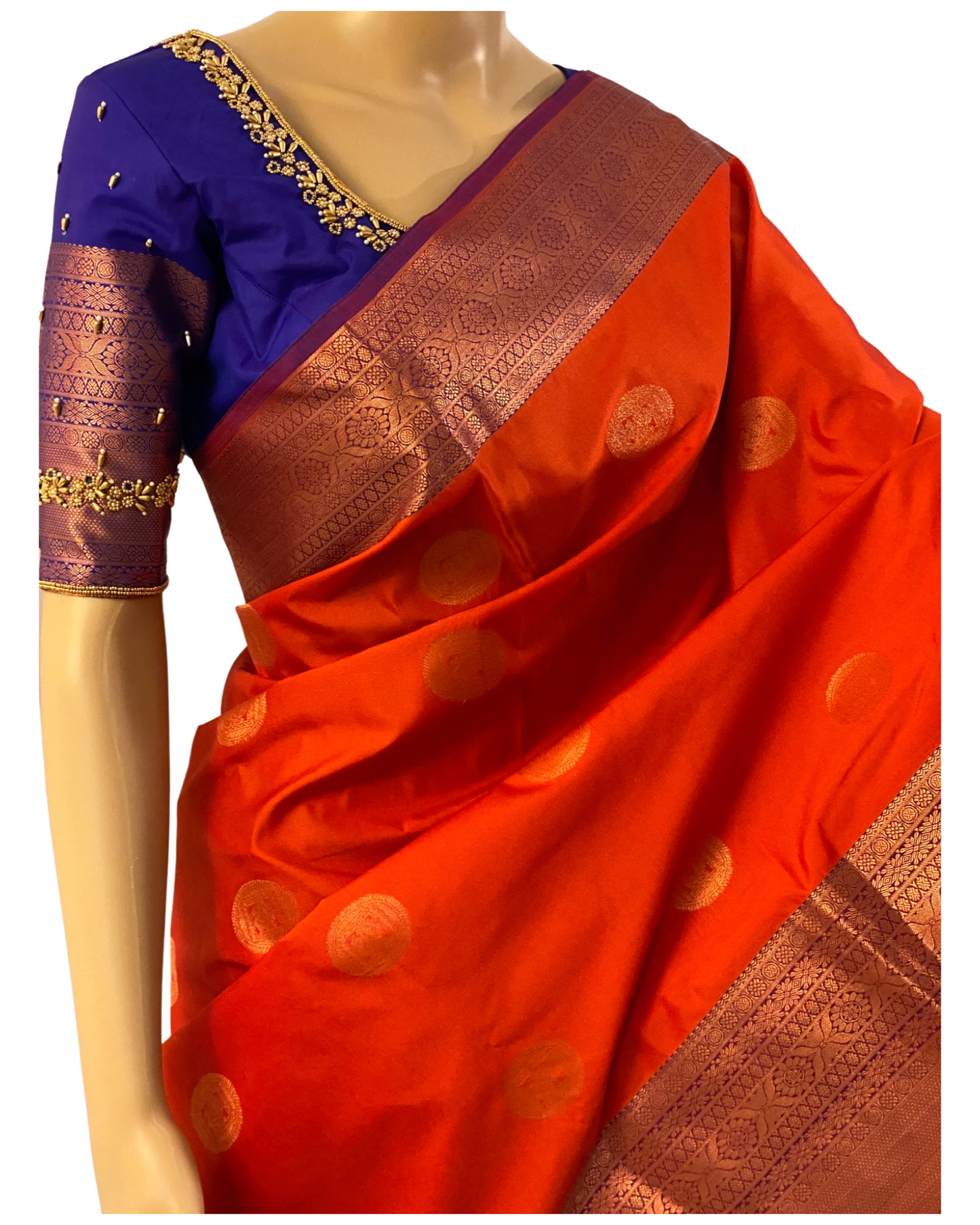 Brick Red and Blue Kanchipuram Silk Saree