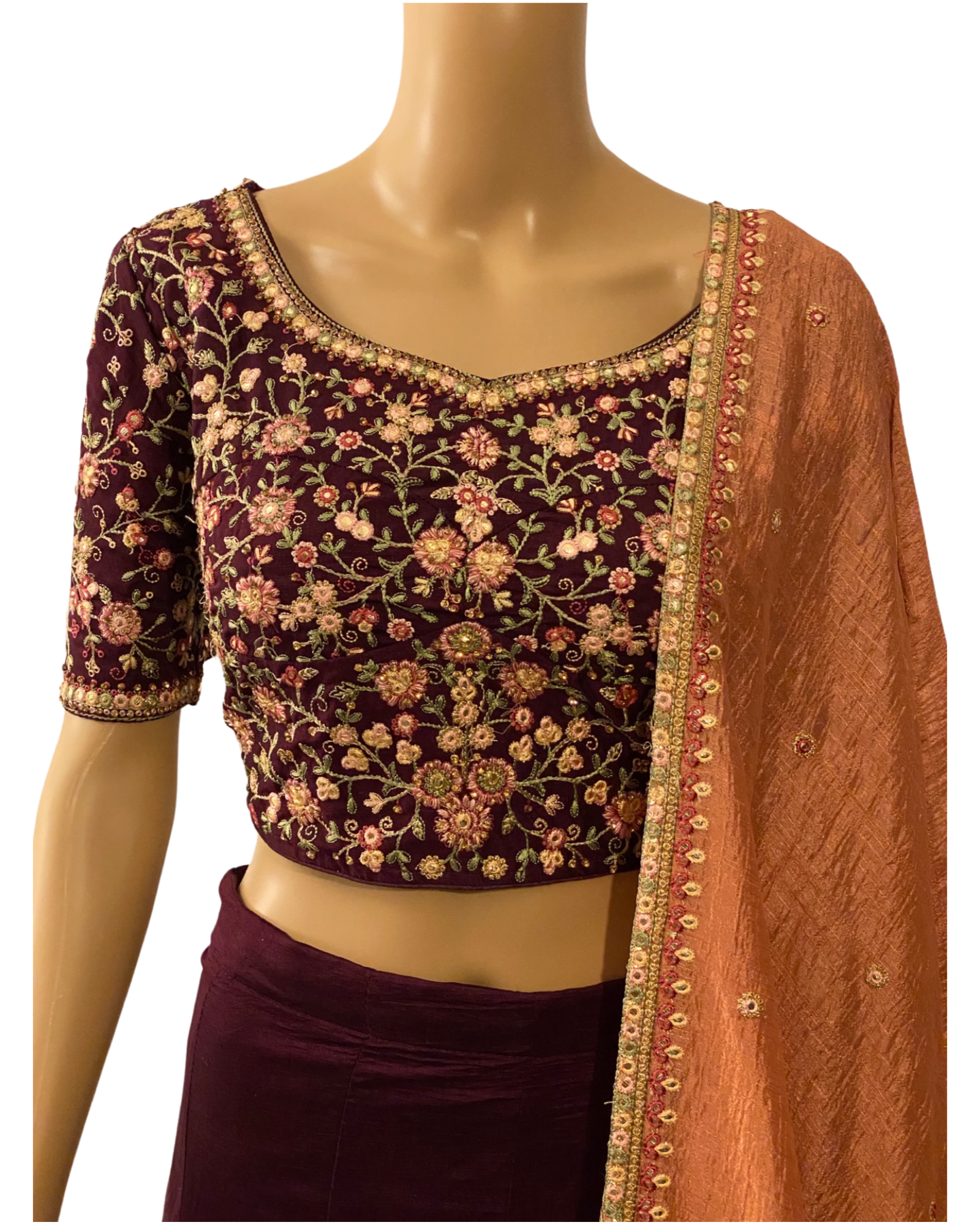 WINE CROP TOP AND LEHENGA (close up)