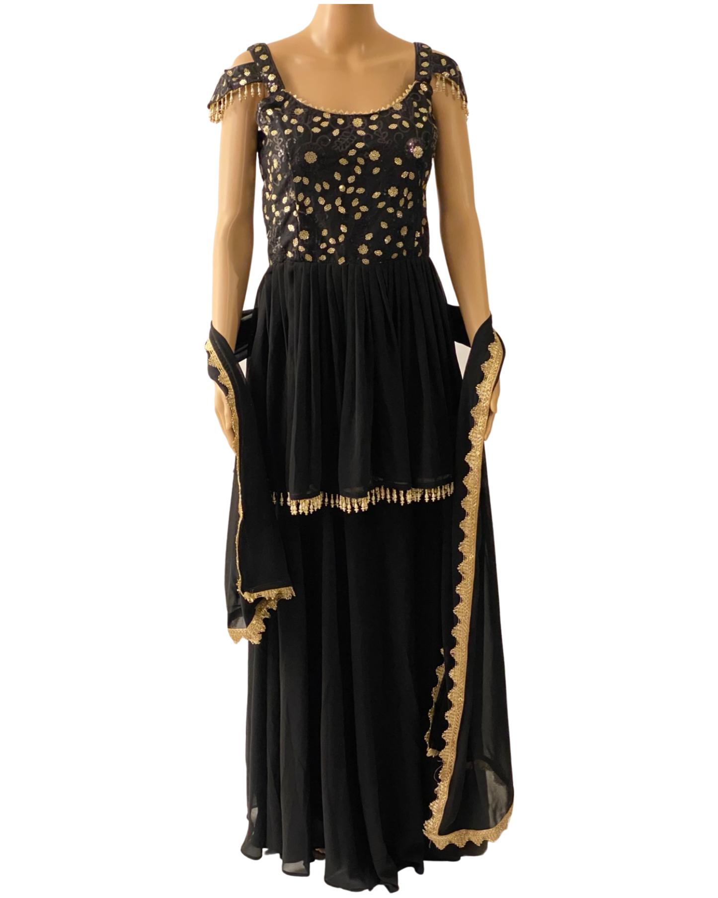 DESIGNER BLACK OFF-SHOULDER PEPLUM KURTA AND SHARARA SET