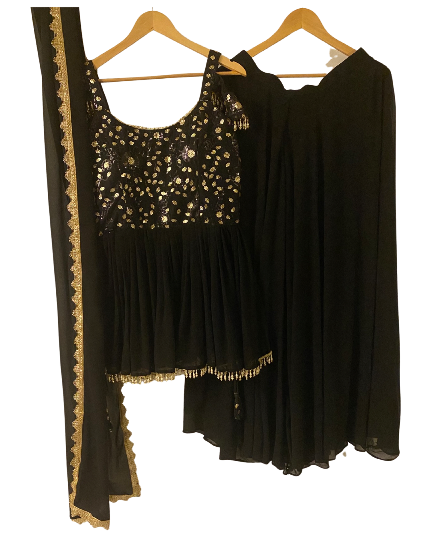 DESIGNER BLACK OFF-SHOULDER PEPLUM KURTA AND SHARARA SET