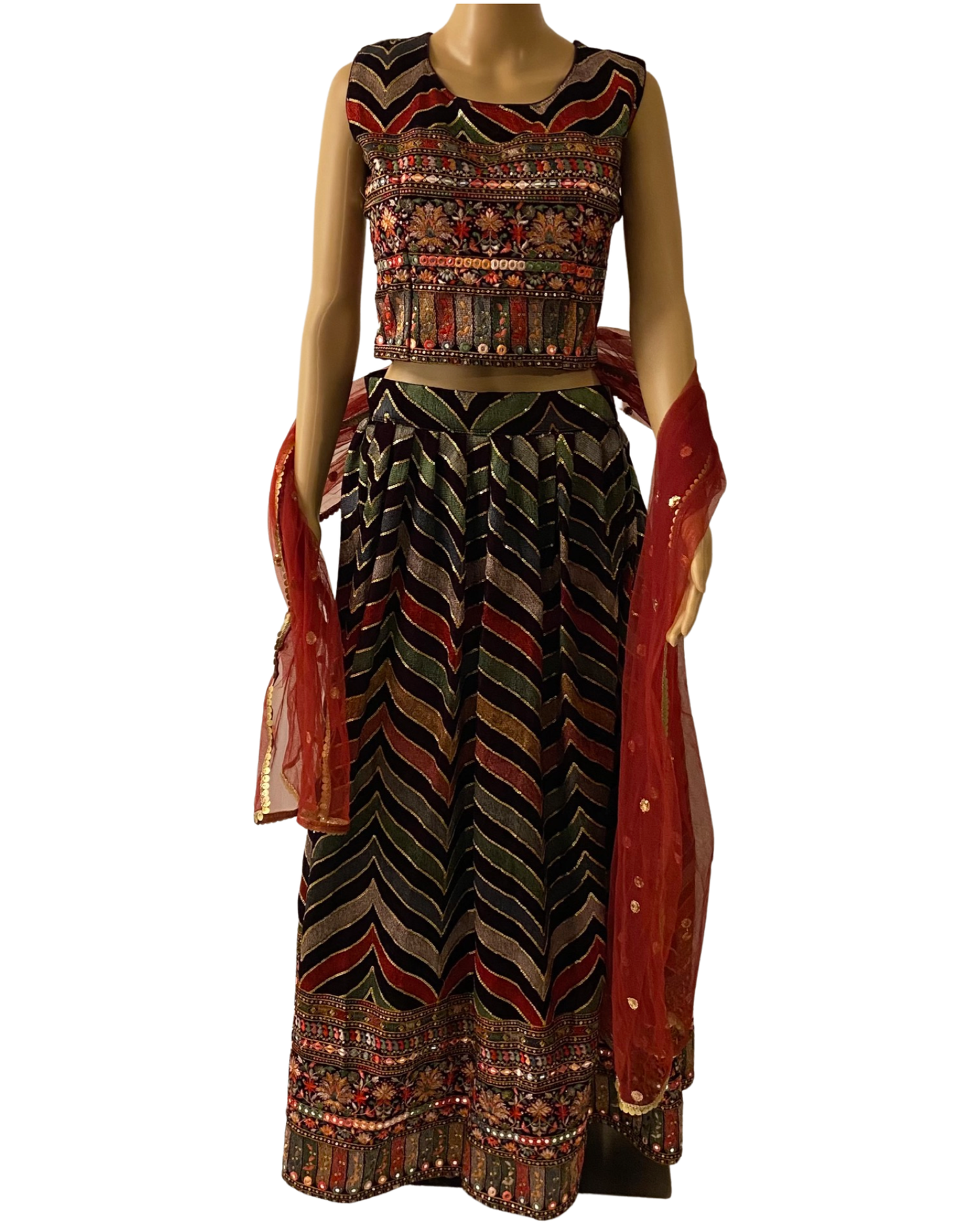 VELVET PARTY WEAR LEHENGA WITH CROP TOP IN MULTI COLOR