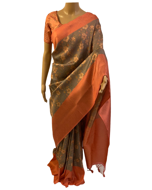 Grey and Peach Soft Silk Saree