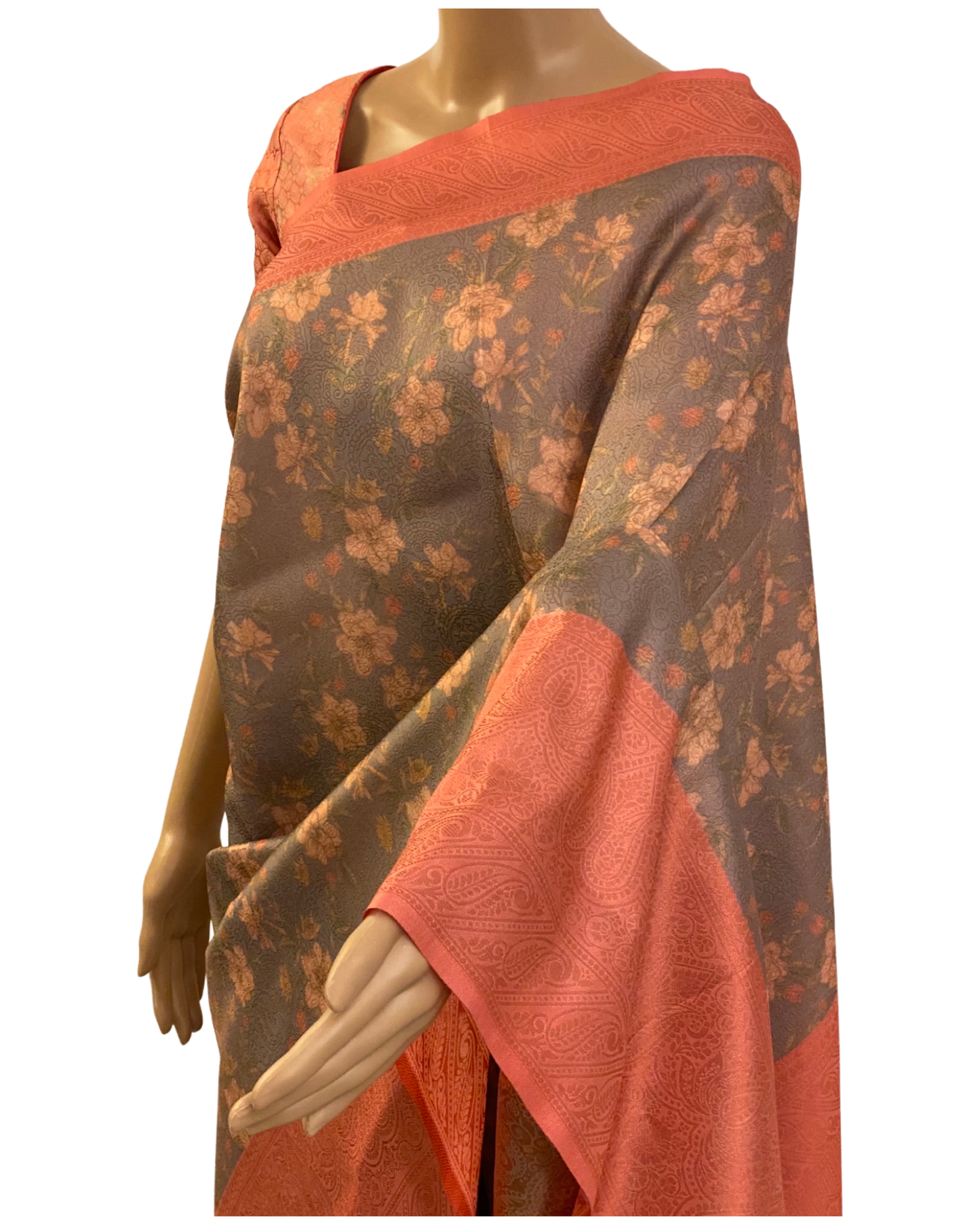 Grey and Peach Soft Silk Saree