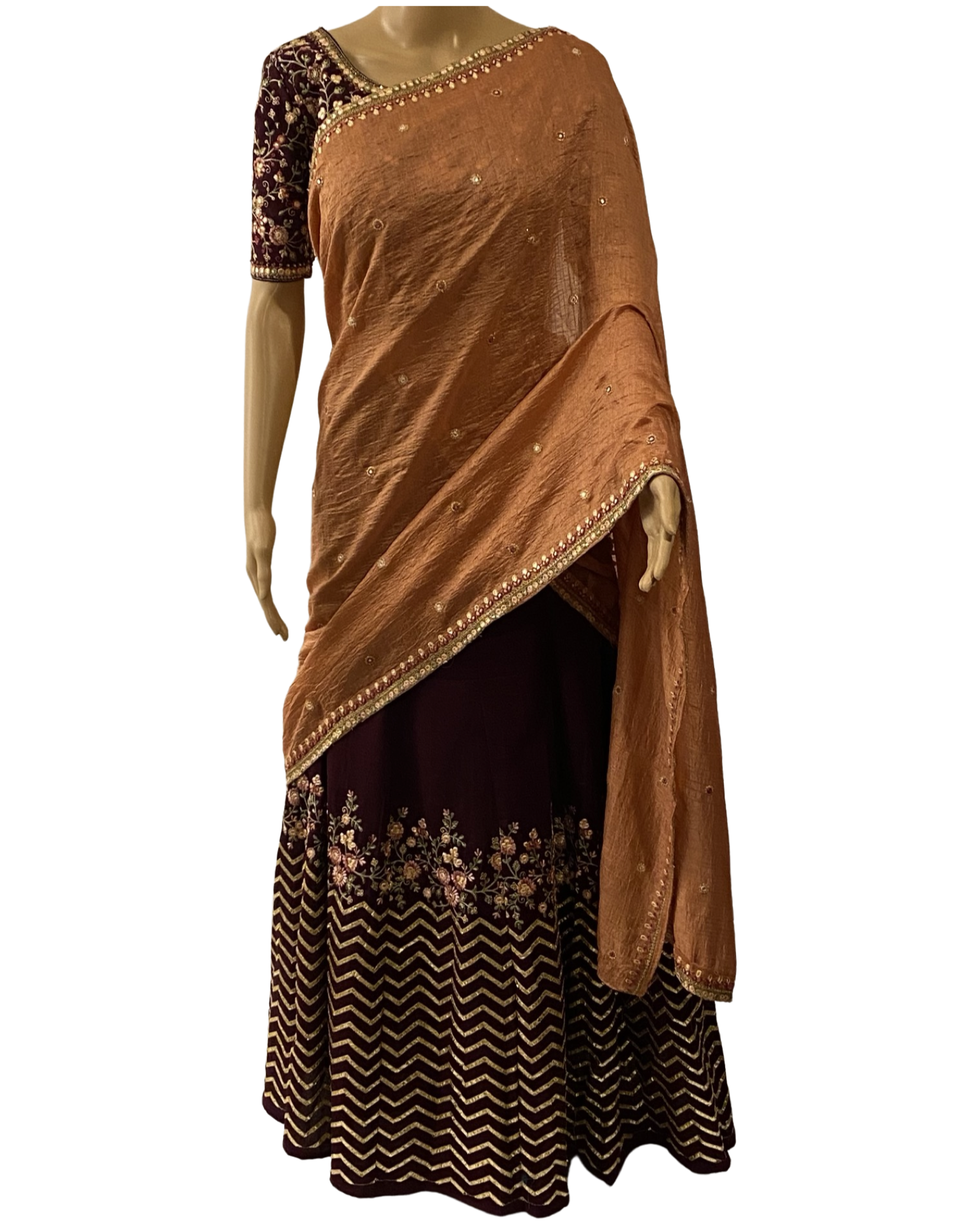 WINE CROP TOP AND LEHENGA (half saree style without pleats)