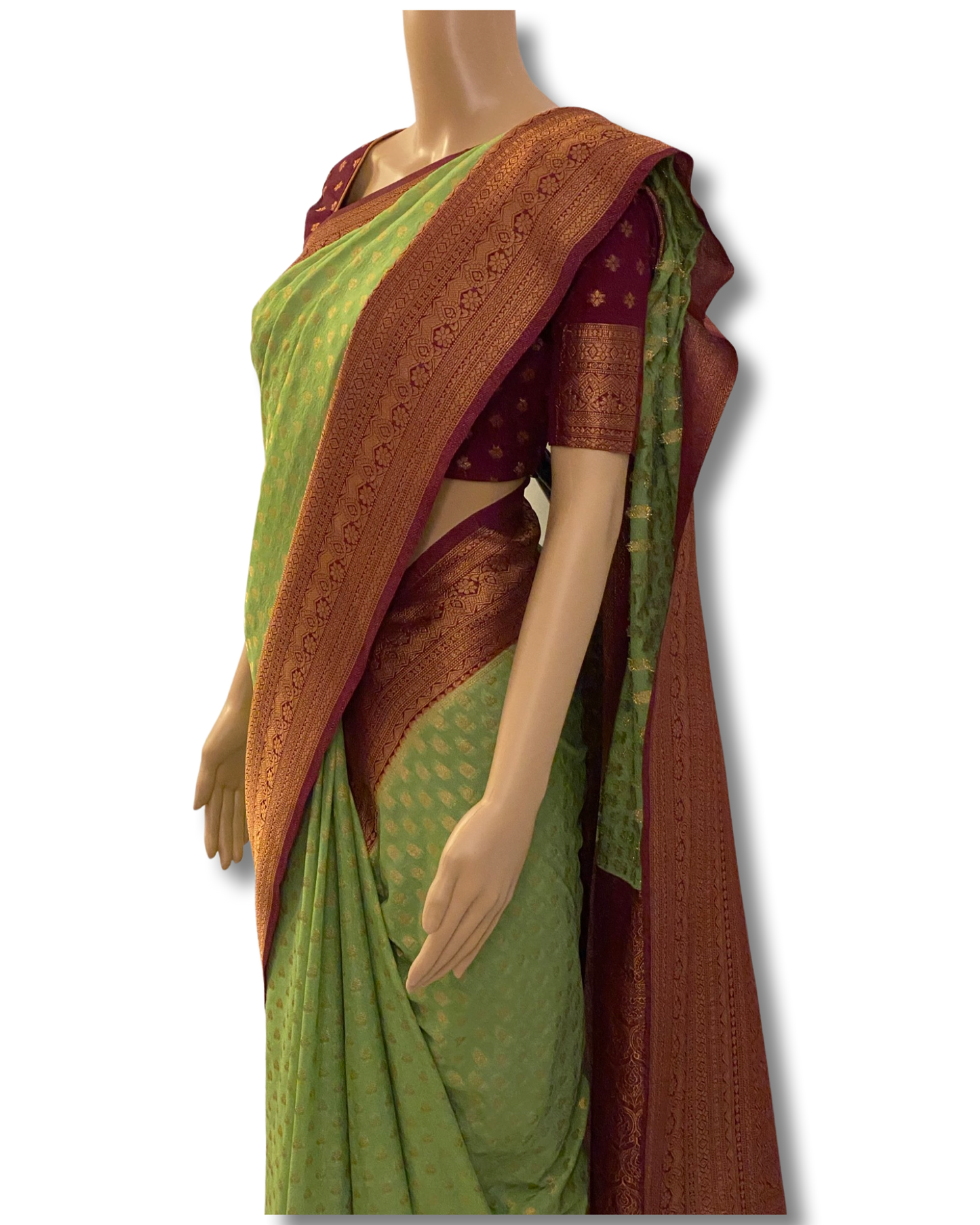 Pista Green and Maroon Banarasi Georgette Saree