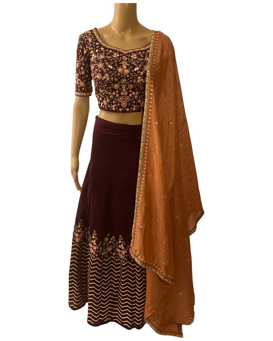 WINE CROP TOP AND LEHENGA (full view)