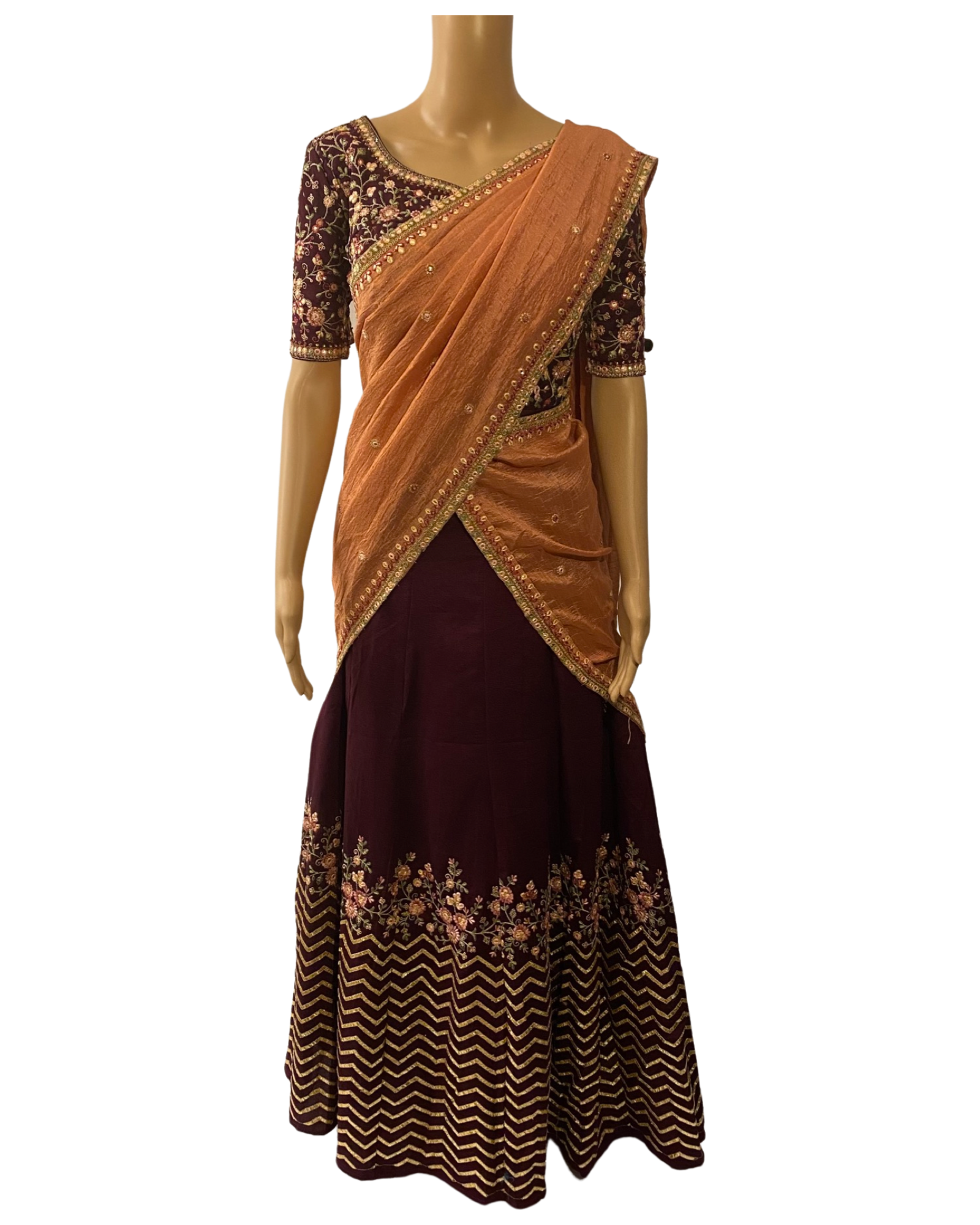 WINE CROP TOP AND LEHENGA (half saree style with pleats)