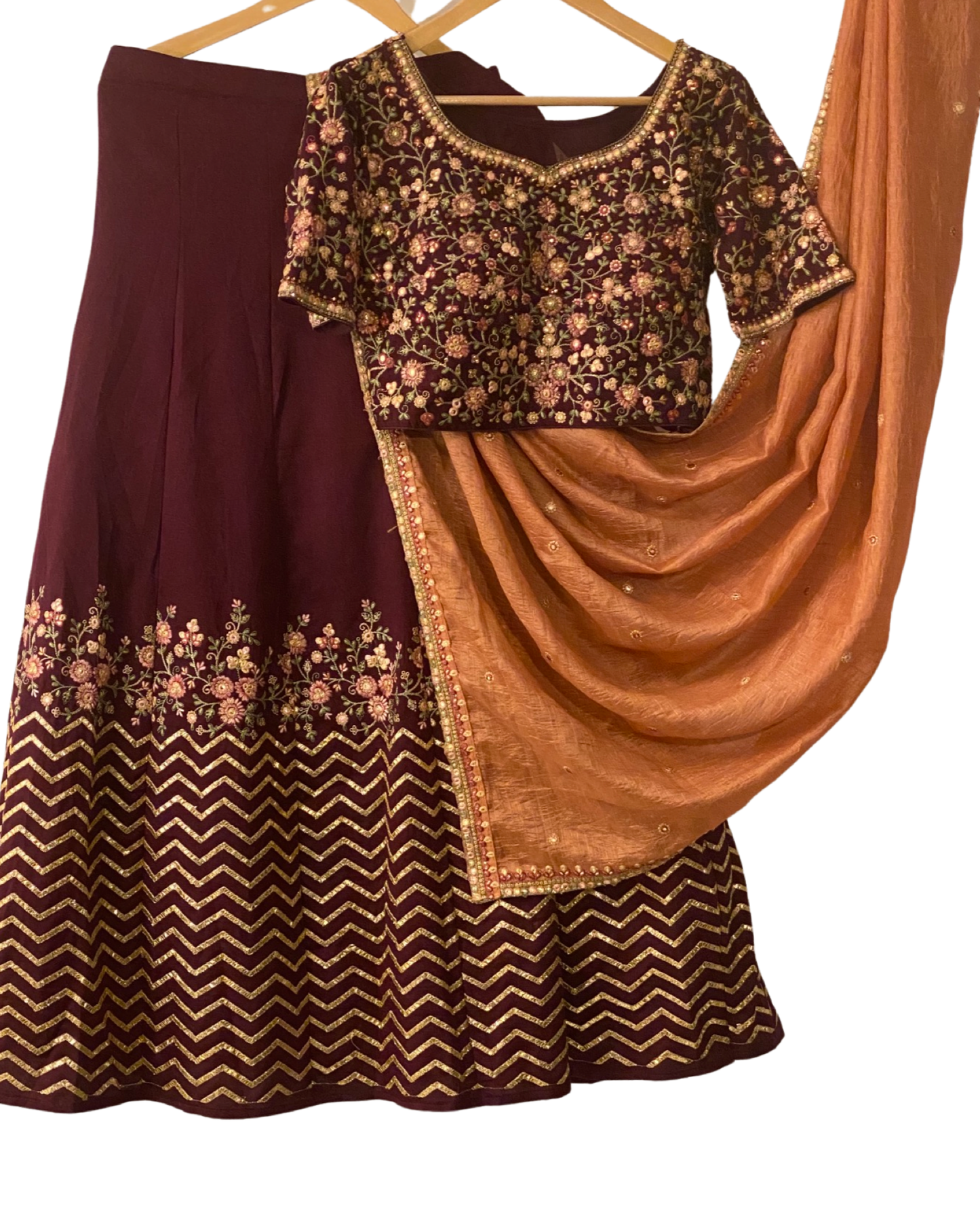 WINE CROP TOP AND LEHENGA (with hanger)