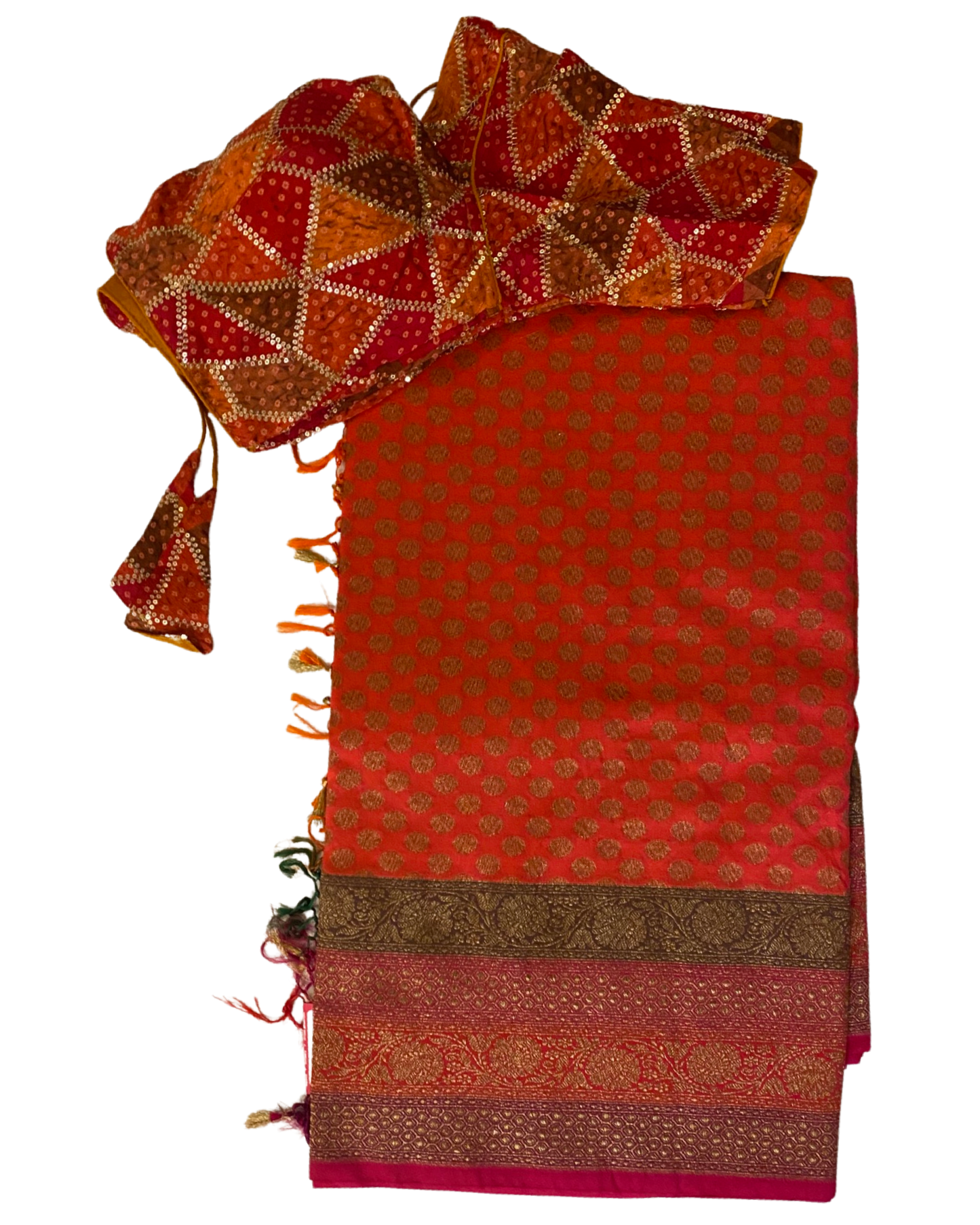 Orange and Pink Handloom Kaddi Banarasi Silk Saree With Designer Blouse