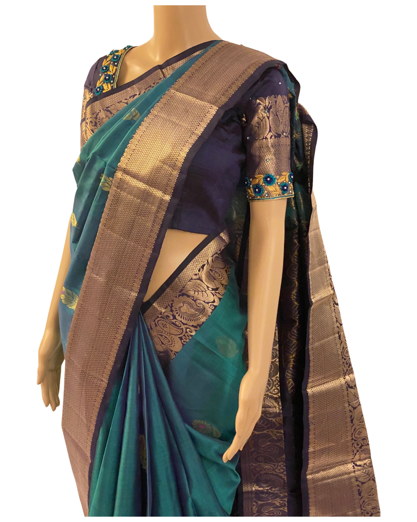 Peacock Blue Pure Handloom Kanchipuram Silk Saree